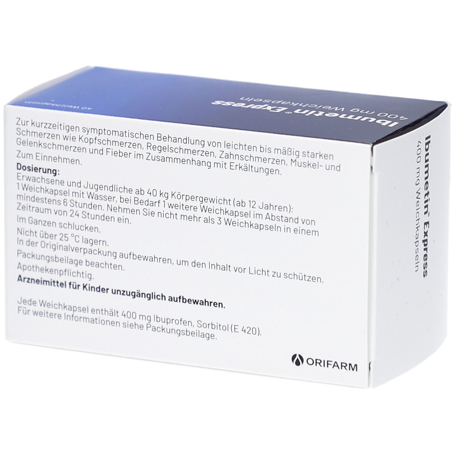 Rückseite der Schachtel Ibumetin Express 400 mg Weichkapseln. Enthält Informationen zu Dosierung und Inhaltsstoffen. Marke: Orifarm.