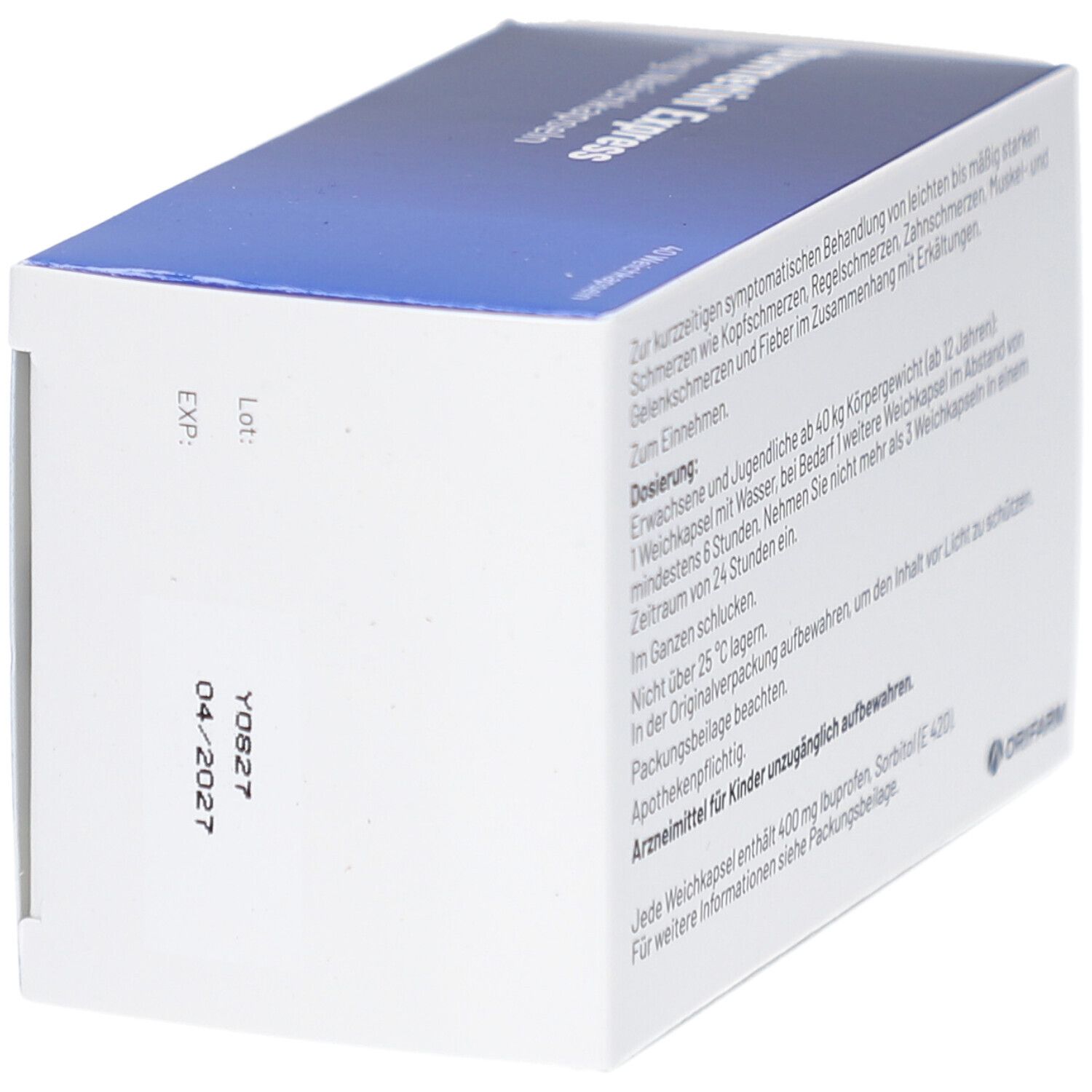 Rückseite der Schachtel Ibumetin Express 400 mg Weichkapseln. Enthält Informationen zu Dosierung und Inhaltsstoffen. Marke: Orifarm.