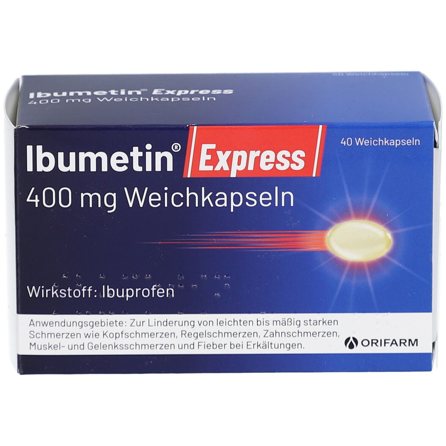 Blau-weiße Schachtel mit Produktnamen Ibumetin Express 400 mg Weichkapseln. Enthält 40 Kapseln. Wirkstoff: Ibuprofen. Marke: Orifarm.