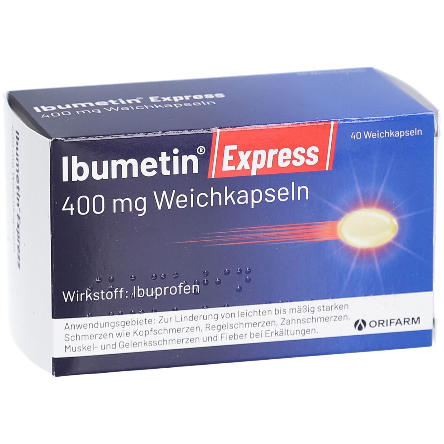 Blau-weiße Schachtel mit Produktnamen Ibumetin Express 400 mg Weichkapseln. Enthält 40 Kapseln. Wirkstoff: Ibuprofen. Marke: Orifarm.