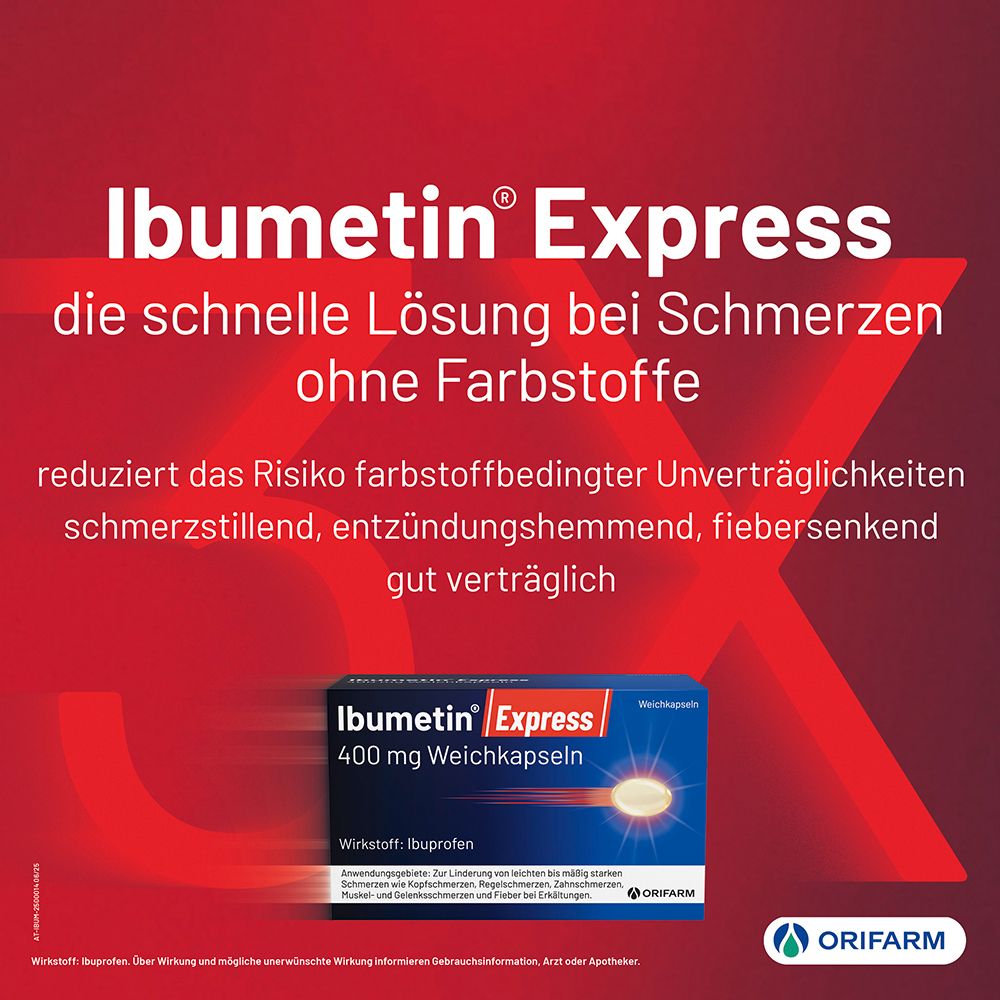 Ibumetin Express: Schnelle Schmerzlösung ohne Farbstoffe. Schmerzstillend, fiebersenkend.