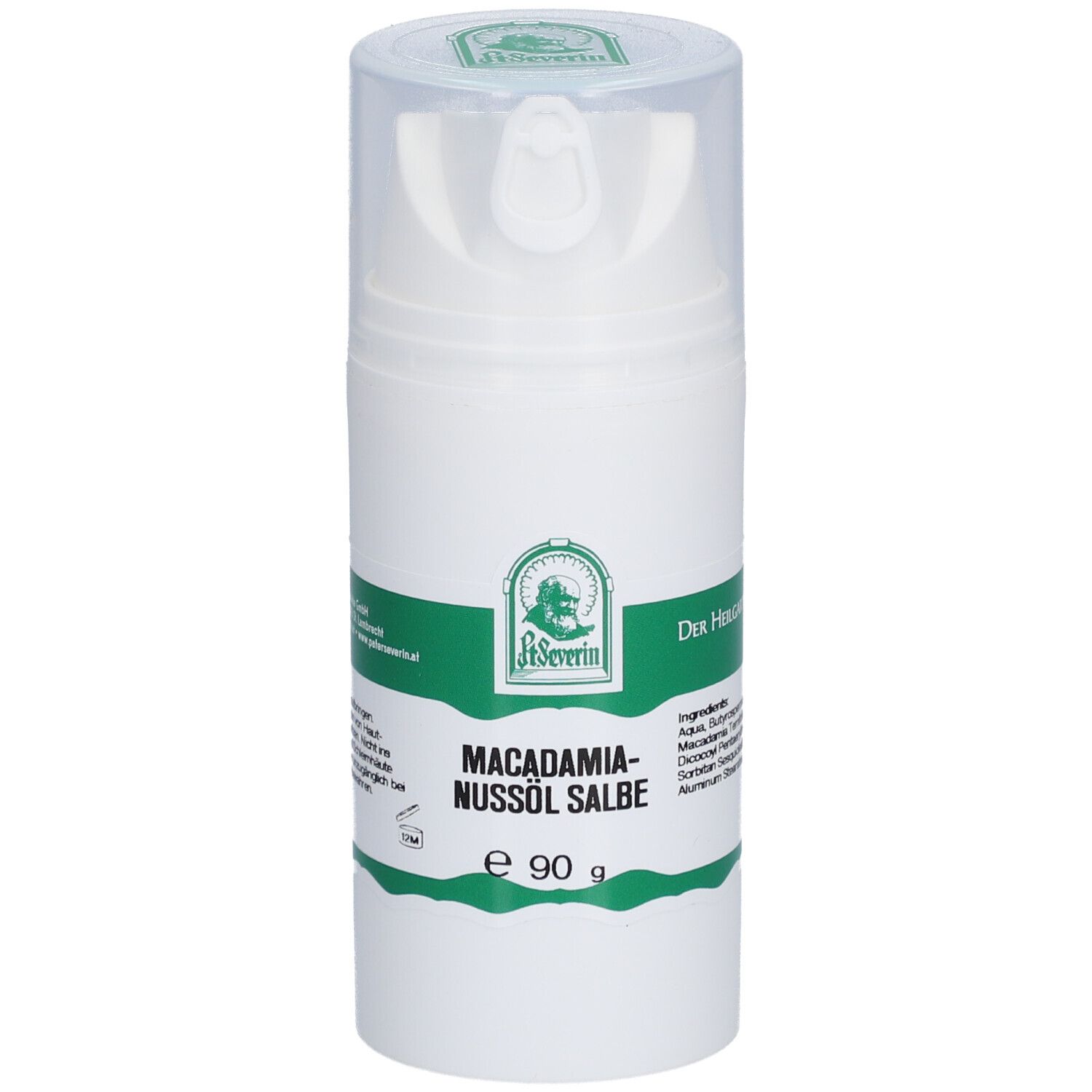 Weiße Flasche mit grünem Etikett. Aufschrift: Macadamia-Nussöl Salbe, e 90 g. Transparenter Deckel. Logo: La Severin.