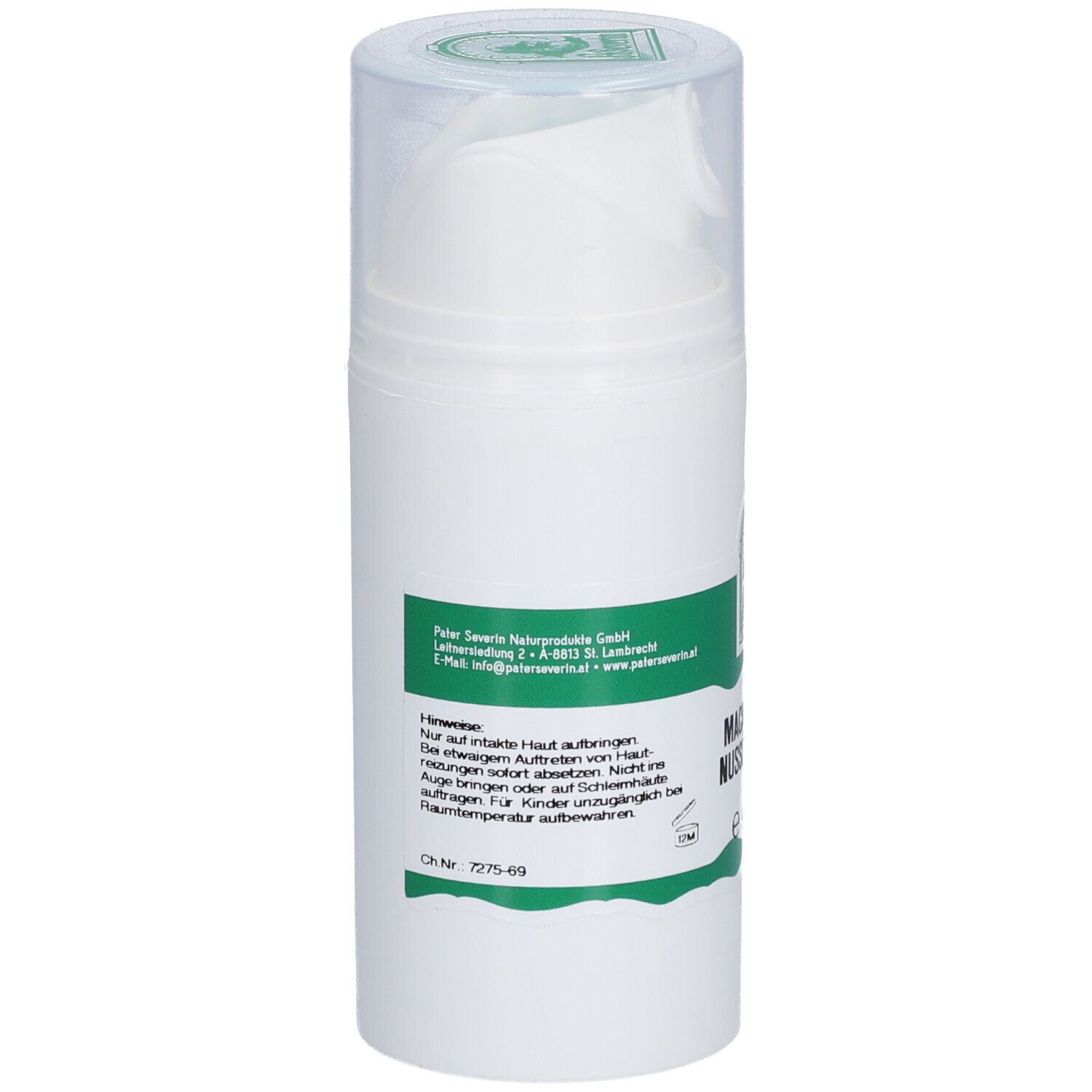 Rückseite der weißen Flasche mit grünem Etikett. Text: Peter Severin Naturprodukte GmbH. Hinweise zur Anwendung. Chargennummer.