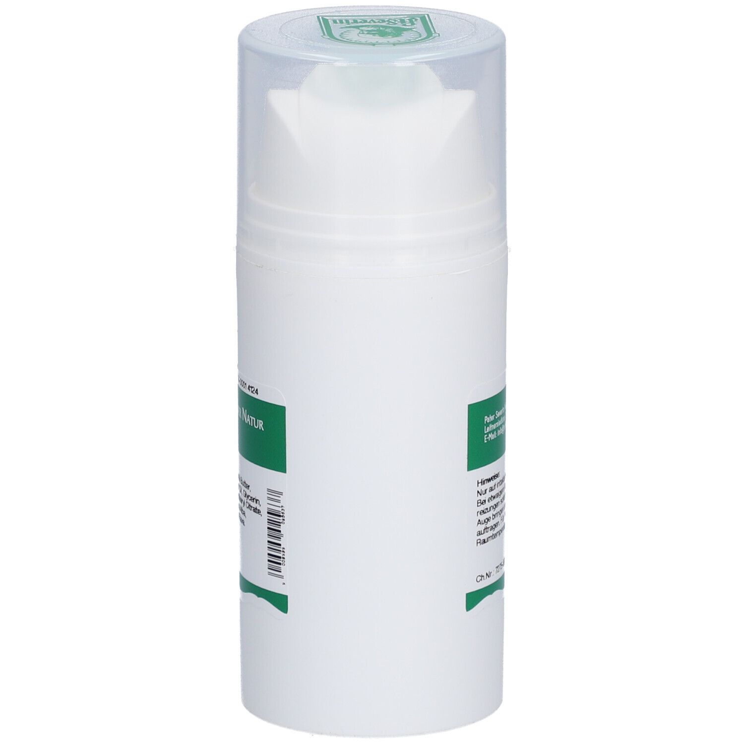 Weiße Flasche mit grünem Etikett. Text: Peter Severin Naturprodukte GmbH. Hinweise zur Anwendung. Chargennummer.
