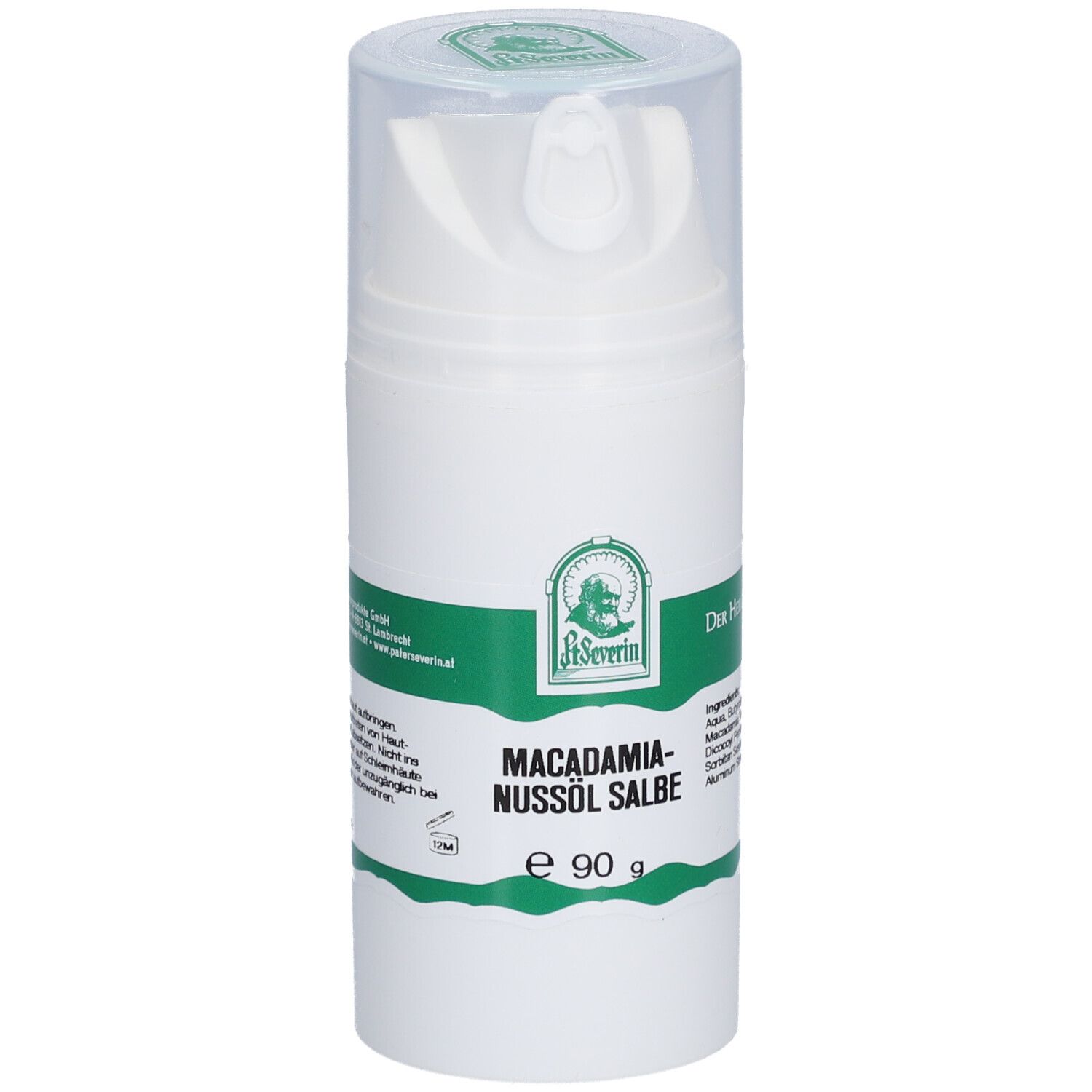 Weiße Flasche mit grünem Etikett. Aufschrift: Macadamia-Nussöl Salbe, e 90 g. Transparenter Deckel. Logo: La Severin.