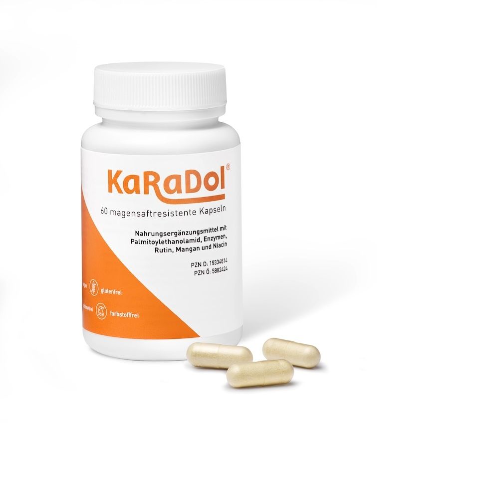 Weiße Flasche mit Kapseln. Aufschrift: KaRaDol®, 60 magensaftresistente Kapseln. Orangefarbenes Etikett.