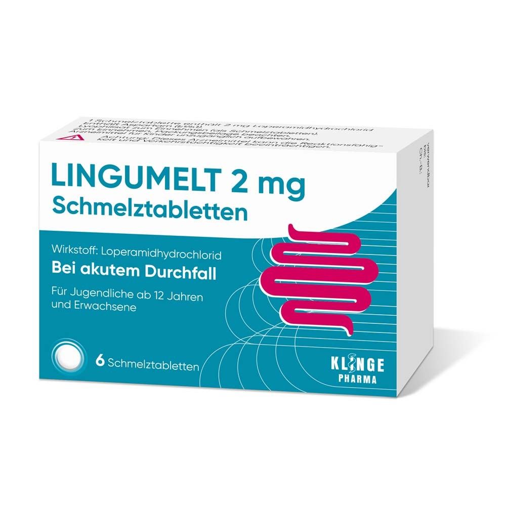 Schachtel Lingumelt 2 mg Schmelztabletten. Text: Bei akutem Durchfall. 6 Tabletten. Klinge Pharma Logo. Nahaufnahme.