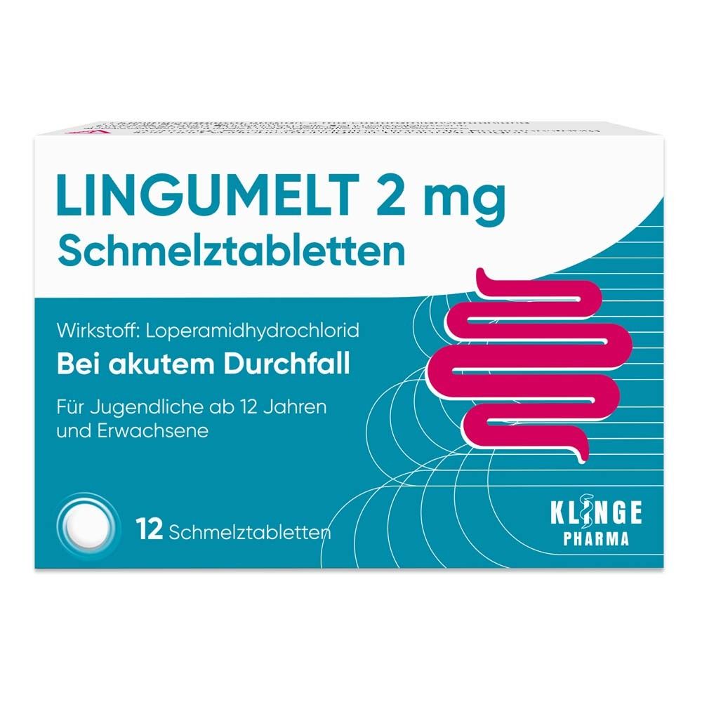 Schachtel Lingumelt 2 mg Schmelztabletten. Text: Bei akutem Durchfall. 12 Tabletten. Marke: Klinge Pharma.