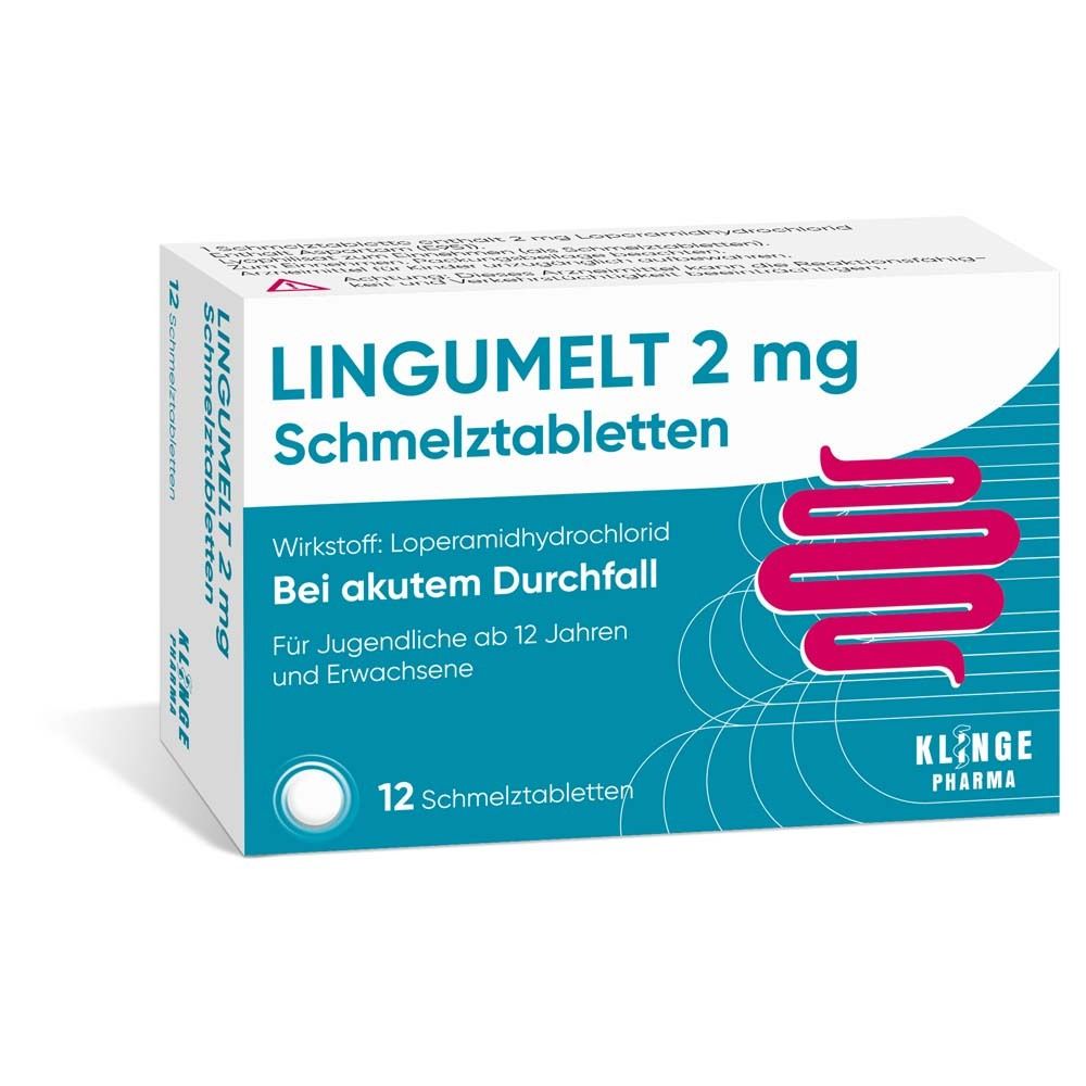 Schachtel Lingumelt 2 mg Schmelztabletten. Text: Bei akutem Durchfall. 12 Tabletten. Marke: Klinge Pharma. Ansicht schräg.