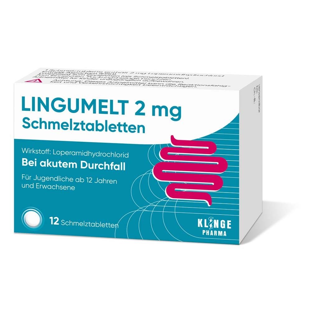 Schachtel Lingumelt 2 mg Schmelztabletten. Text: Bei akutem Durchfall. 12 Tabletten. Marke: Klinge Pharma. Ansicht schräg.
