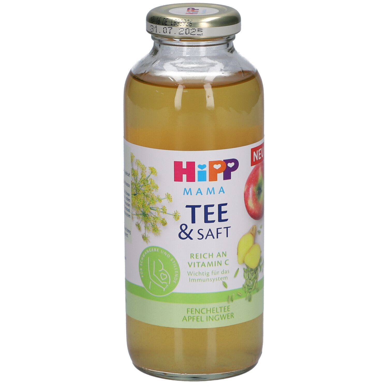 HiPP Mama Tee & Saft Flasche. Glasflasche mit gelbem Inhalt, Etikett mit Logo, Apfel- und Ingwer-Illustration.