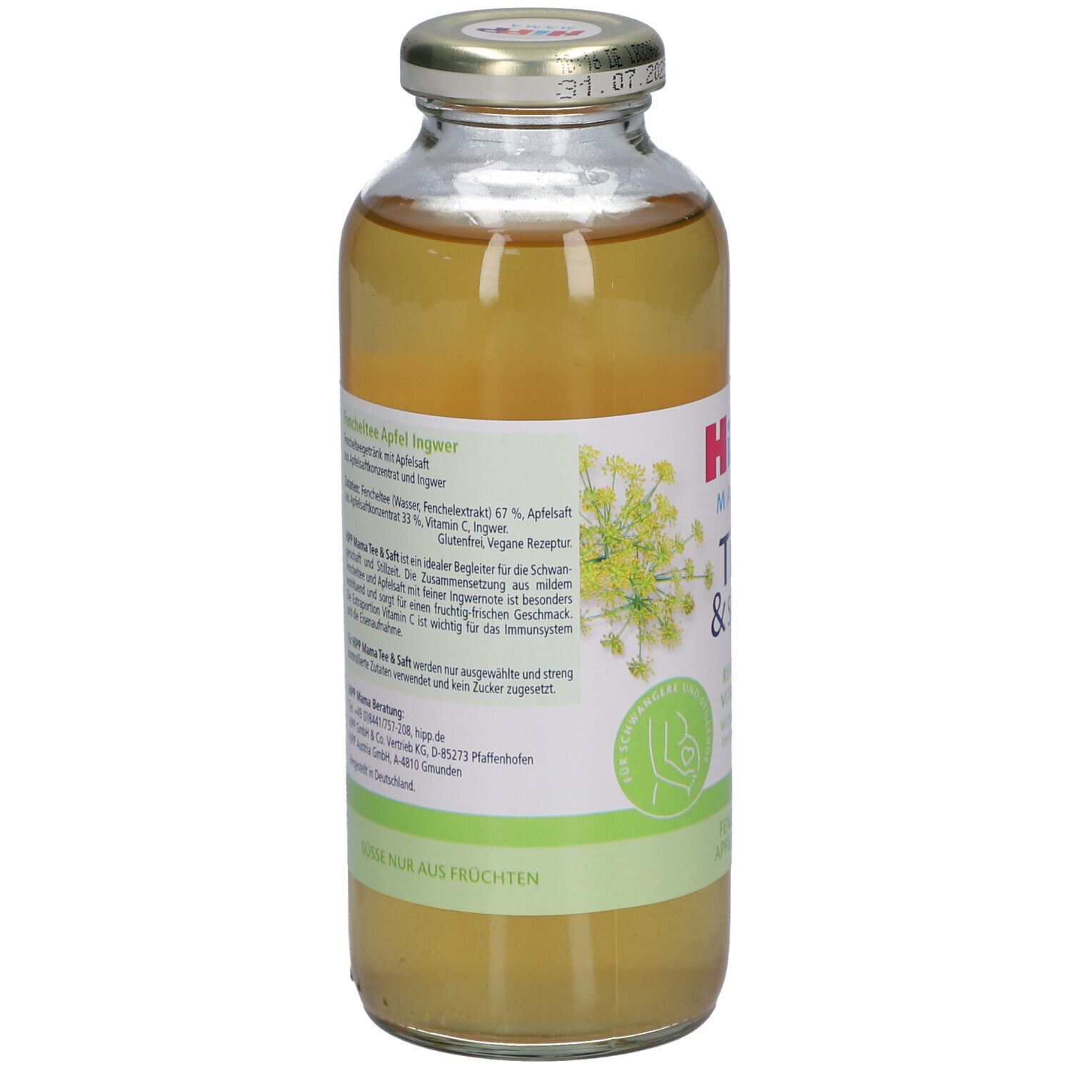HiPP Mama Tee & Saft Flasche. Rückseite mit Produktinformationen, gelber Inhalt, Glasflasche mit Schraubverschluss.
