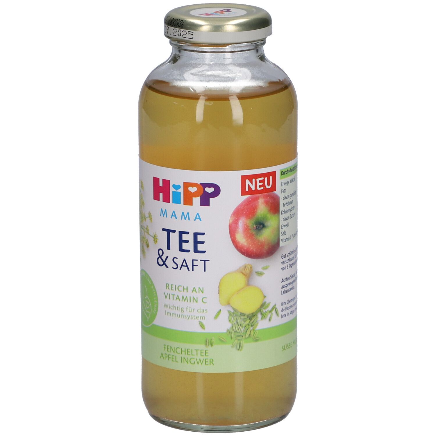 HiPP Mama Tee & Saft Flasche. Glasflasche mit gelbem Inhalt, Etikett mit Logo, Apfel- und Ingwer-Illustration.