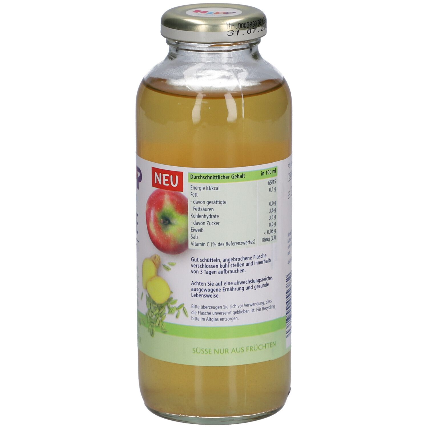 HiPP Mama Tee & Saft Flasche. Rückseite mit Nährwertangaben, gelber Inhalt, Glasflasche mit Schraubverschluss.