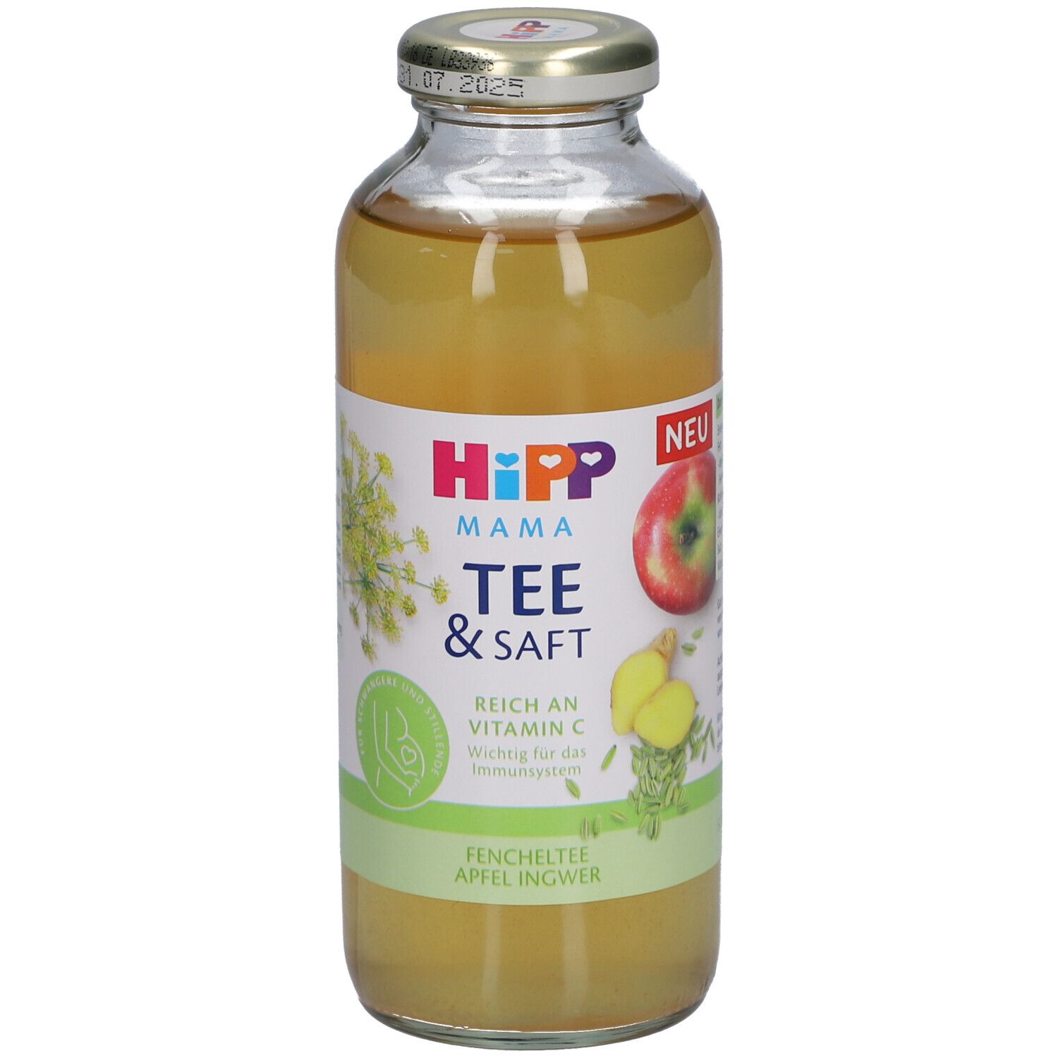 HiPP Mama Tee & Saft Flasche. Glasflasche mit gelbem Inhalt, Etikett mit Logo, Apfel- und Ingwer-Illustration.