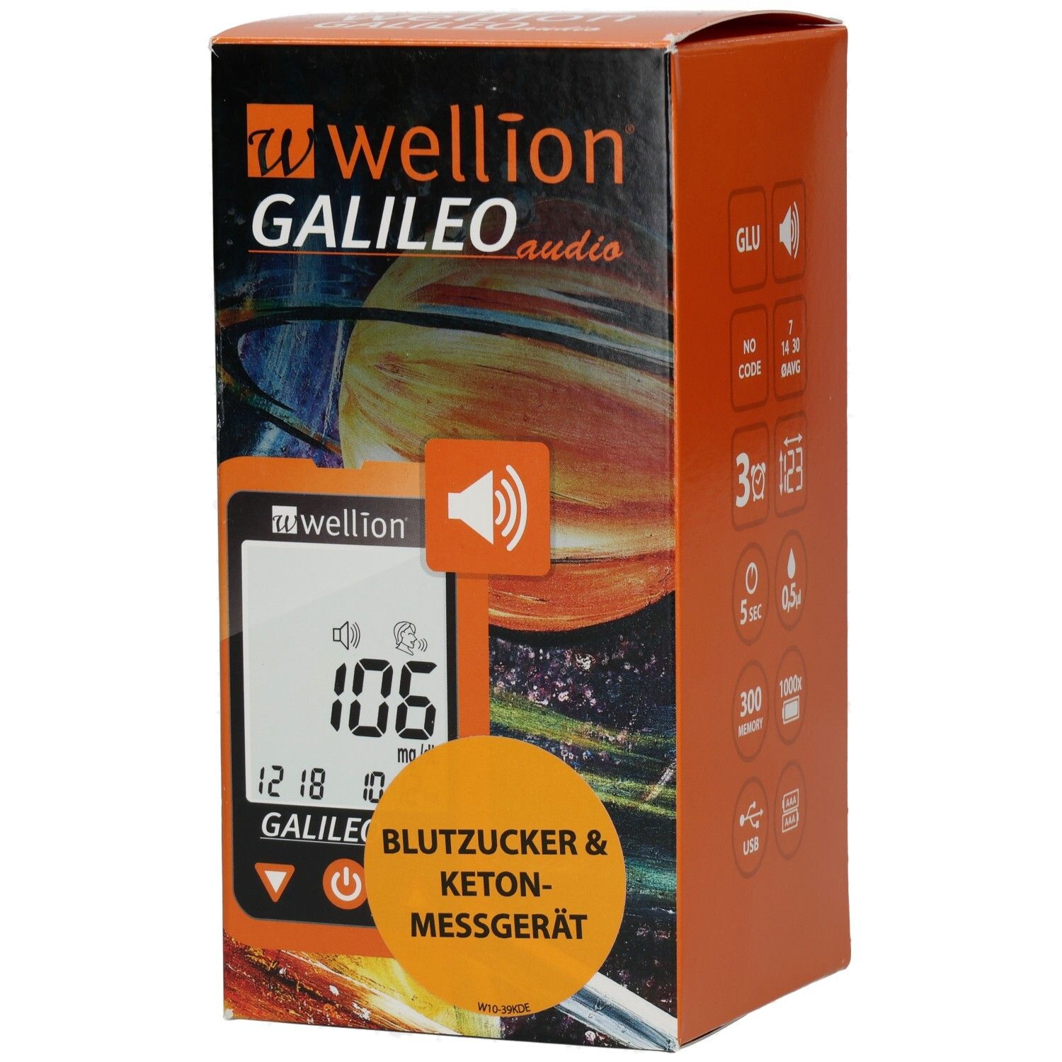 Orangefarbene Verpackung. Aufschrift: WELLION GALILEO audio. Gerät mit Display. Text: BLUTZUCKER & KETON-MESSGERÄT. Logo: Lautsprecher.