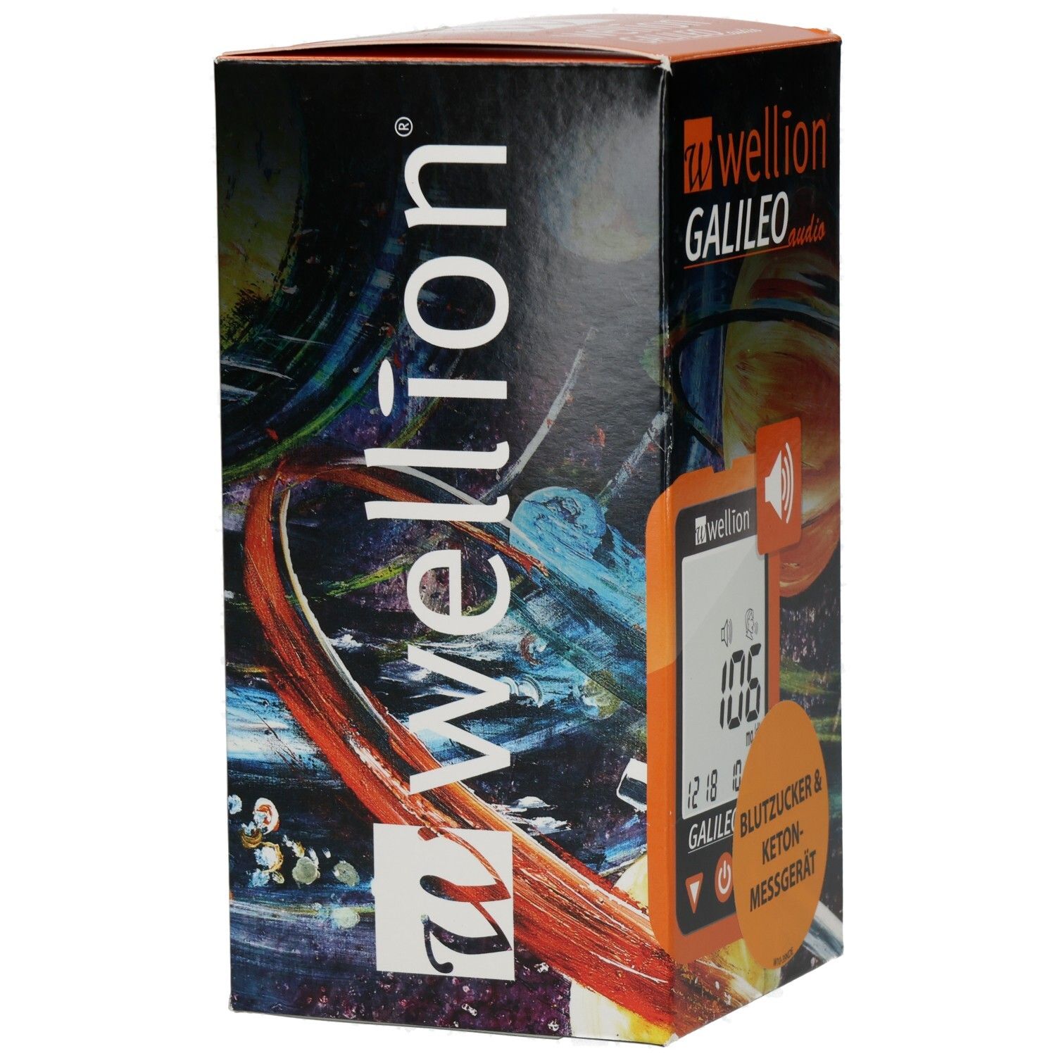 Orangefarbene Verpackung. Aufschrift: WELLION GALILEO audio. Gerät mit Display. Text: BLUTZUCKER & KETON-MESSGERÄT. Logo: Lautsprecher.