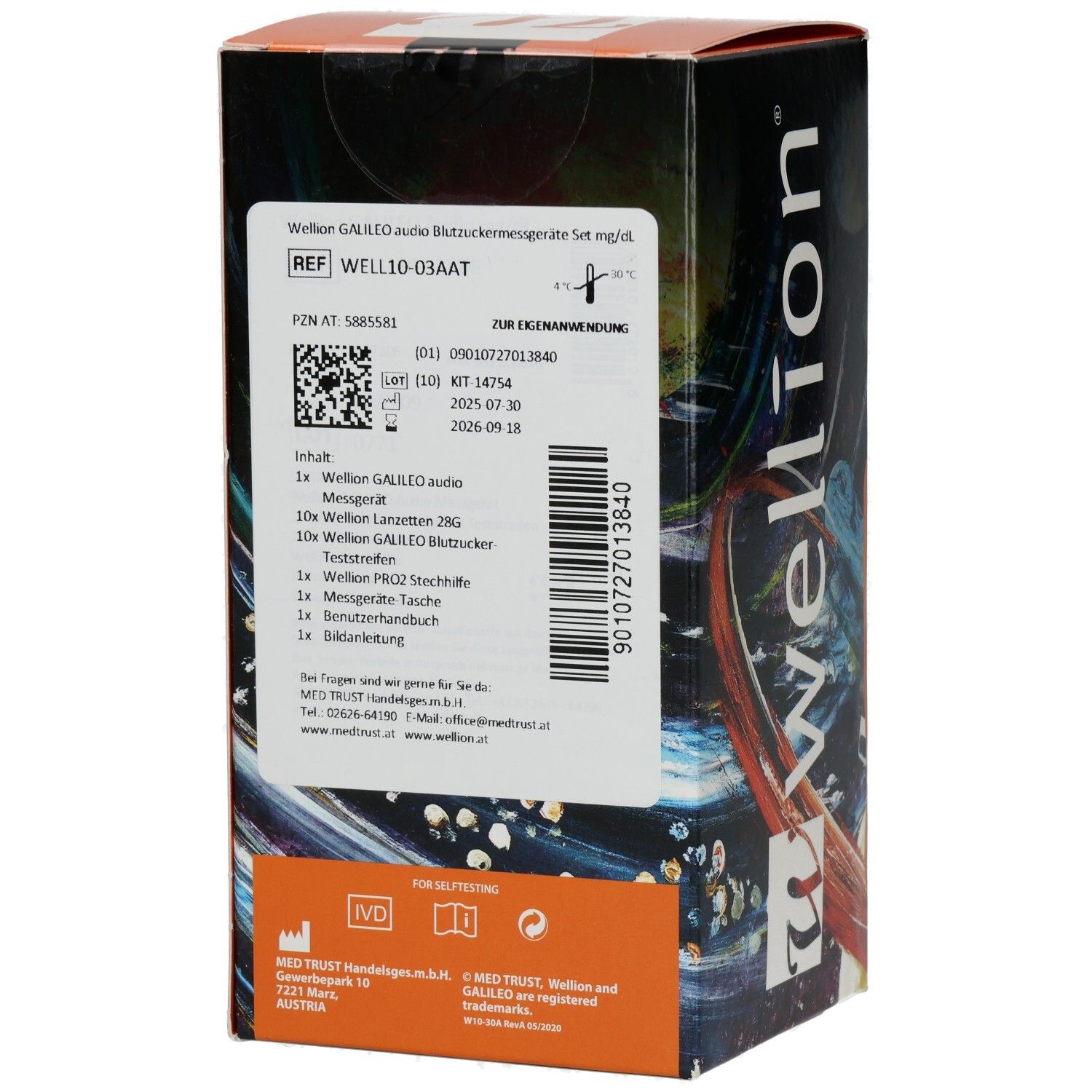 Rückseite der Verpackung. Text: WELLION GALILEO audio Blutzuckermessgeräte Set mg/dl. QR-Code. Inhaltsangabe. IVD-Logo.