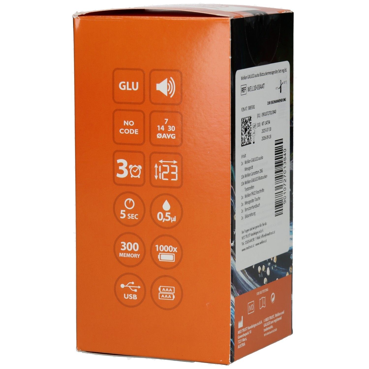 Seite der Verpackung. Symbole: GLU, Lautsprecher, NO CODE, 3, 5 Sek., 300 Memory, USB, etc. Text: WELLION GALILEO audio.