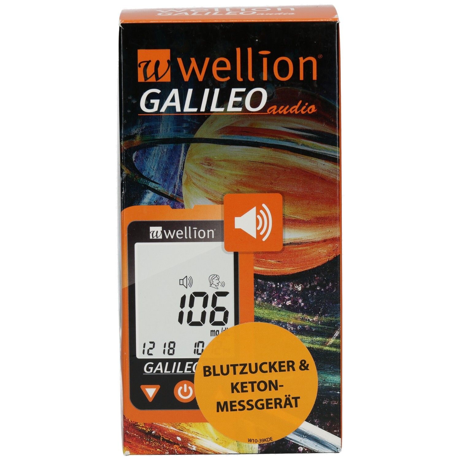 Orangefarbene Verpackung. Aufschrift: WELLION GALILEO audio. Gerät mit Display. Text: BLUTZUCKER & KETON-MESSGERÄT. Logo: Lautsprecher.