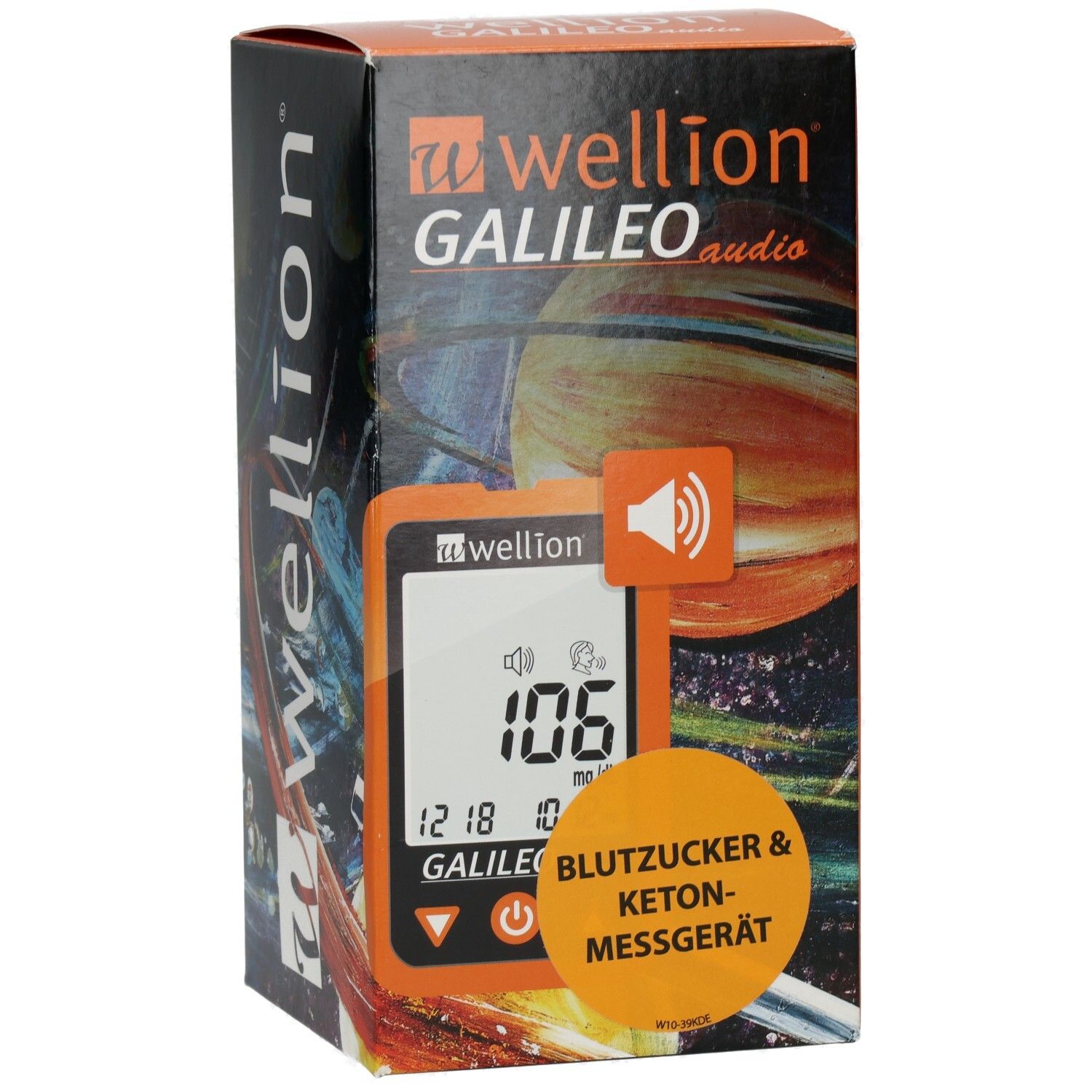 Orangefarbene Verpackung. Aufschrift: WELLION GALILEO audio. Gerät mit Display. Text: BLUTZUCKER & KETON-MESSGERÄT. Logo: Lautsprecher.