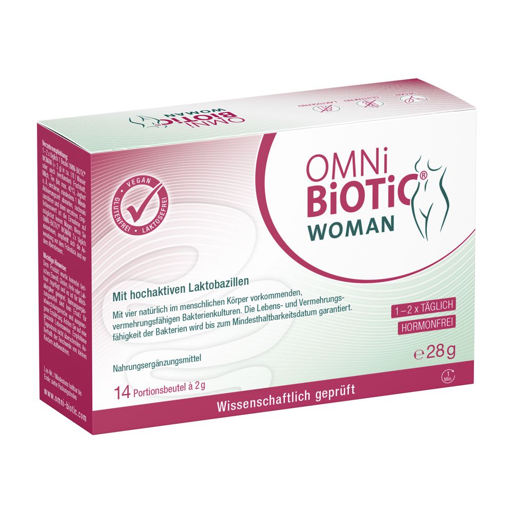 OMNi-BiOTiC® WOMAN Packung mit 14 Portionsbeuteln à 2g. Enthält hochaktive Laktobazillen. Hormonfrei.