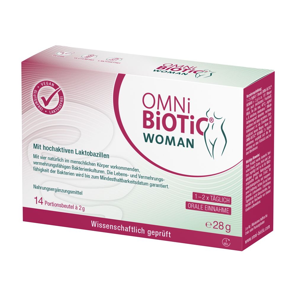 OMNi-BiOTiC® WOMAN Packung, 14 Portionsbeutel à 2g. Für orale Einnahme. Hormonfrei.