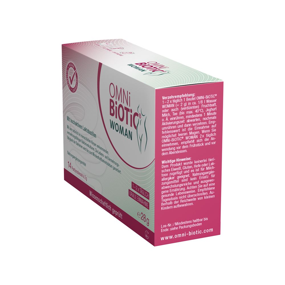 OMNi-BiOTiC® WOMAN Packung mit 14 Portionsbeuteln. Enthält Laktobazillen. Wissenschaftlich geprüft.