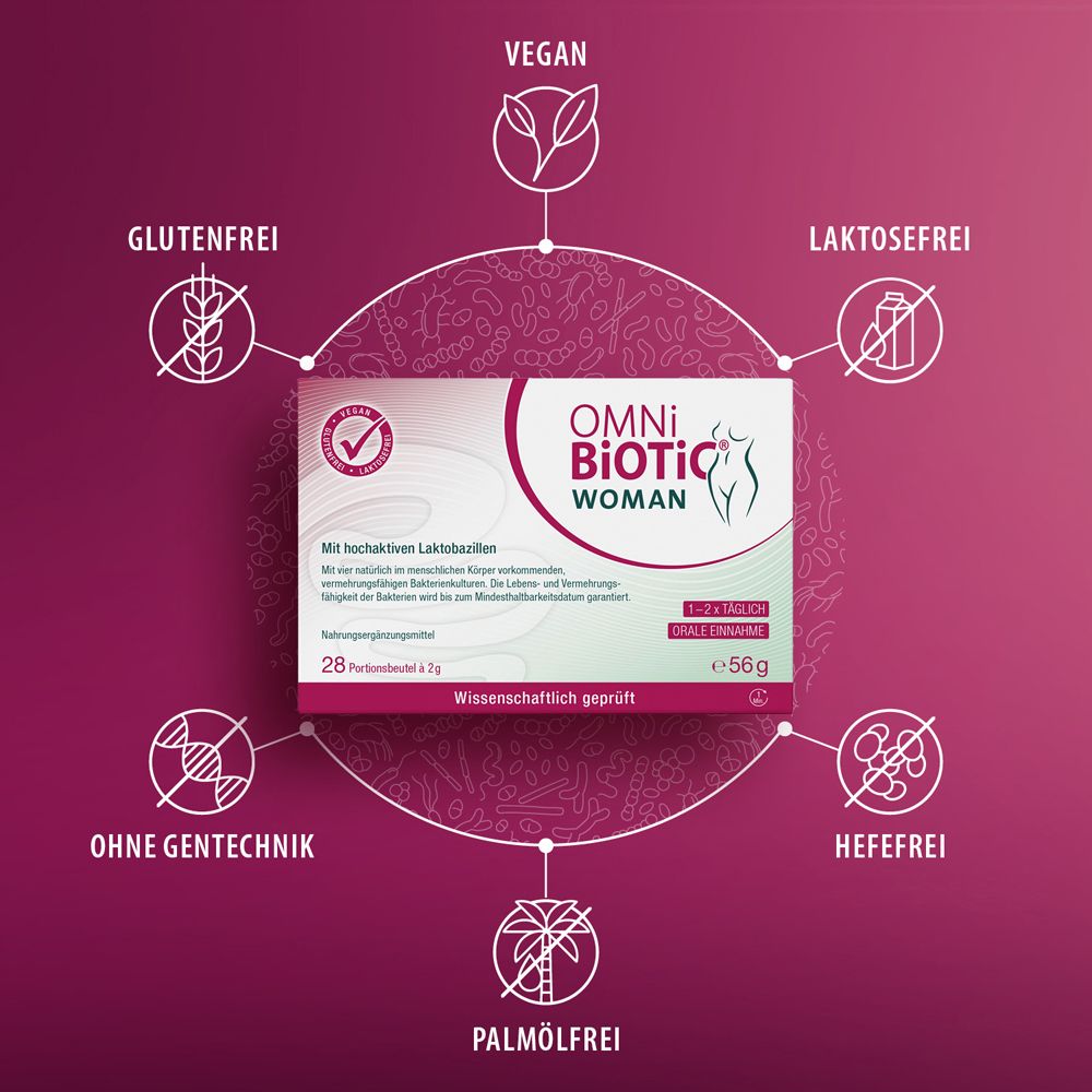 OMNi-BiOTiC® WOMAN Packung mit 28 Portionsbeuteln. Vegan, glutenfrei, laktosefrei, hefefrei, ohne Gentechnik.