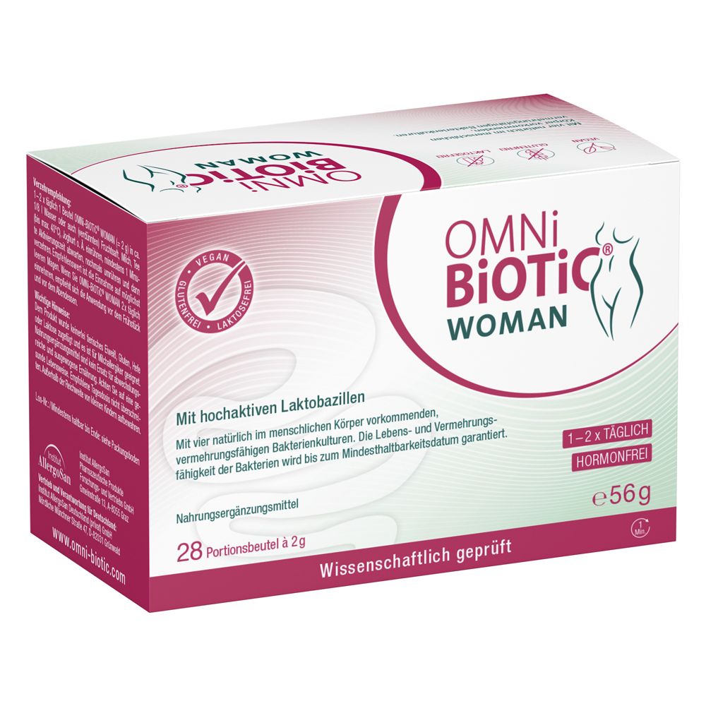 OMNI-BiOTiC® WOMAN Kartonverpackung mit 28 Portionsbeuteln à 2g. Enthält hochaktive Laktobazillen. Hormonfrei.