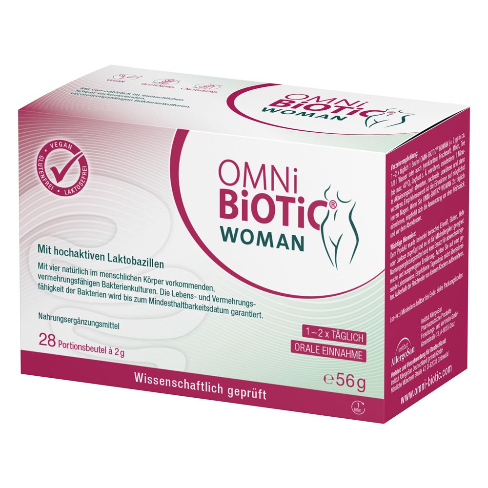 OMNI-BiOTiC® WOMAN Kartonverpackung, Vorderseite. 28 Portionsbeutel à 2g. Mit hochaktiven Laktobazillen.