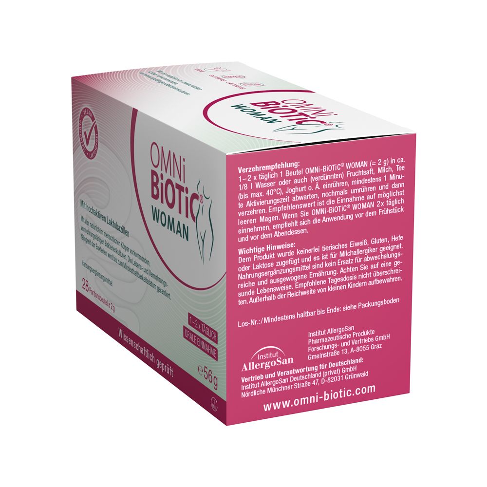 OMNI-BiOTiC® WOMAN Kartonverpackung, Rückseite mit Anwendungshinweisen. 28 Portionsbeutel à 2g.