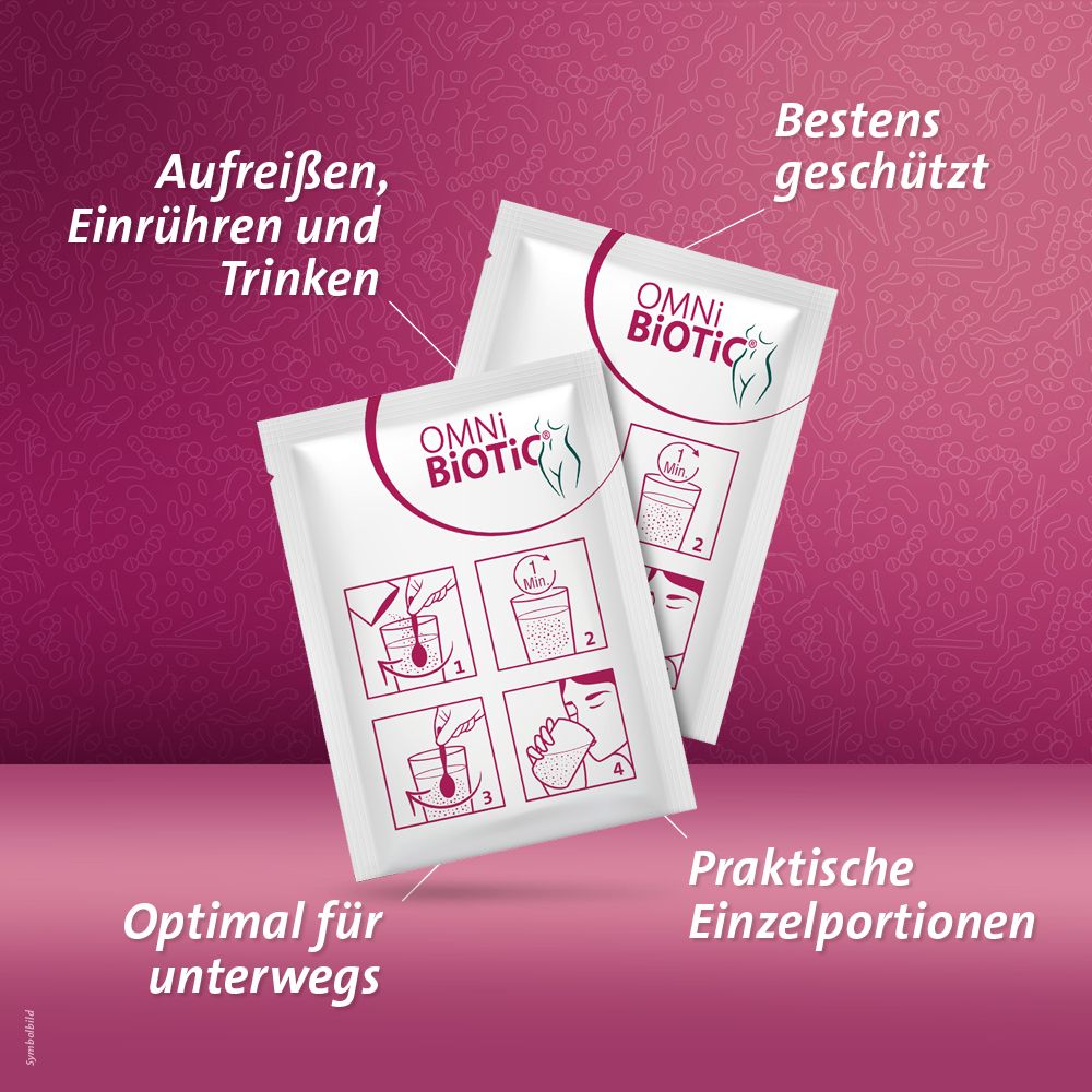 Zwei einzeln verpackte Portionsbeutel OMNI-BiOTiC® WOMAN mit Anwendungshinweisen. Praktisch für unterwegs.