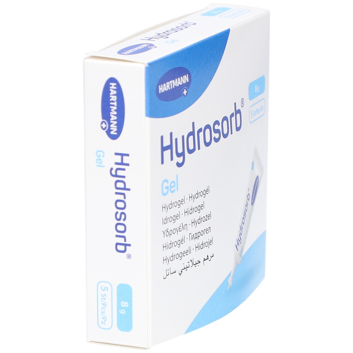Seitenansicht der Verpackung von HARTMANN® Hydrosorb® Gel. Produktname und Logo sind sichtbar.