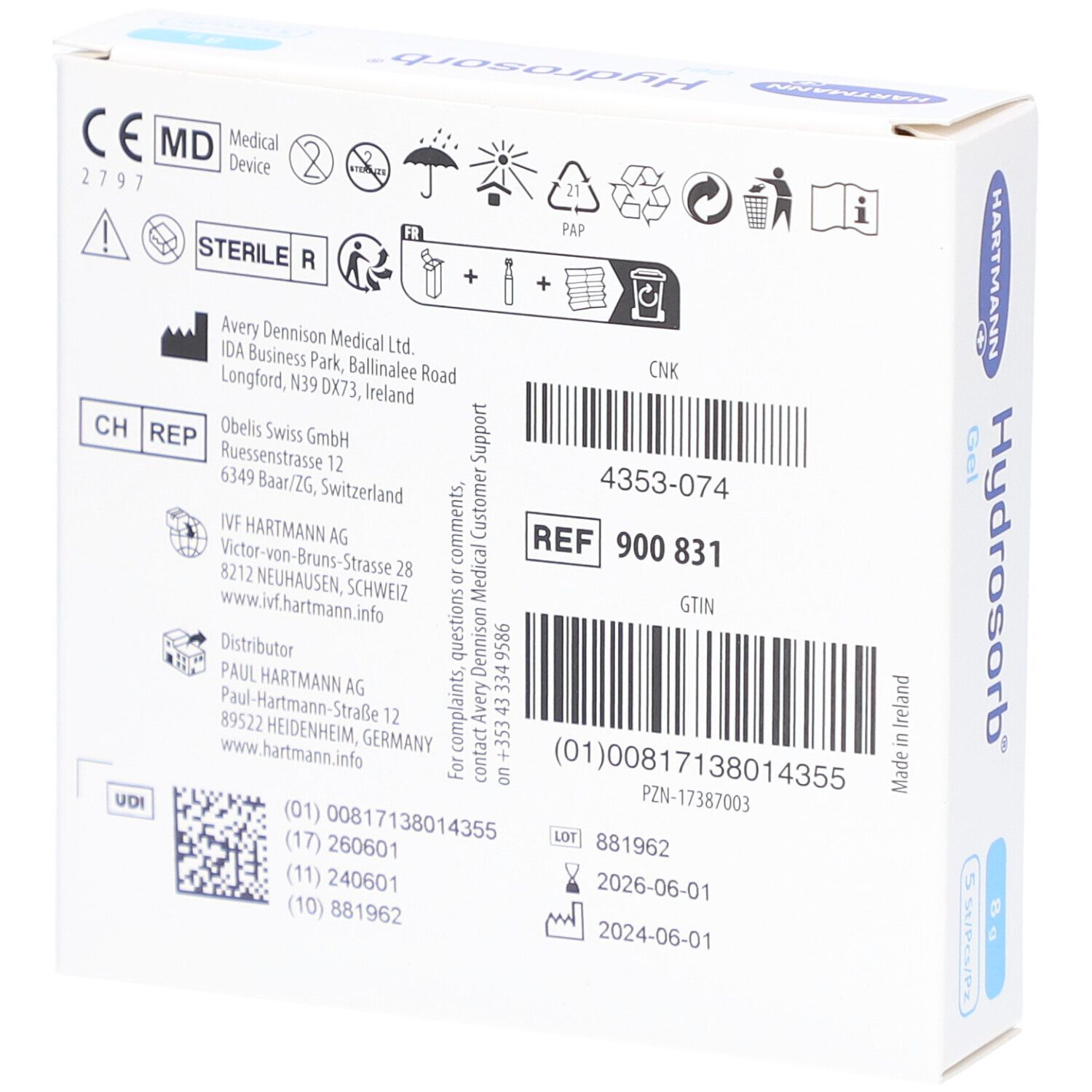 Rückseite der Verpackung von HARTMANN® Hydrosorb® Gel. Informationen, Barcodes und Zertifizierungen.