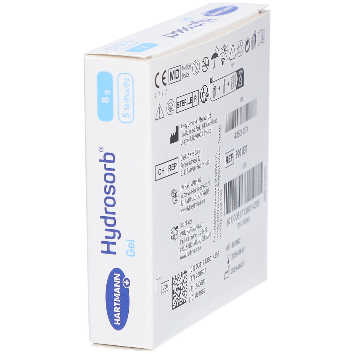 Seitenansicht der Verpackung von HARTMANN® Hydrosorb® Gel. Informationen, Barcodes und Zertifizierungen.