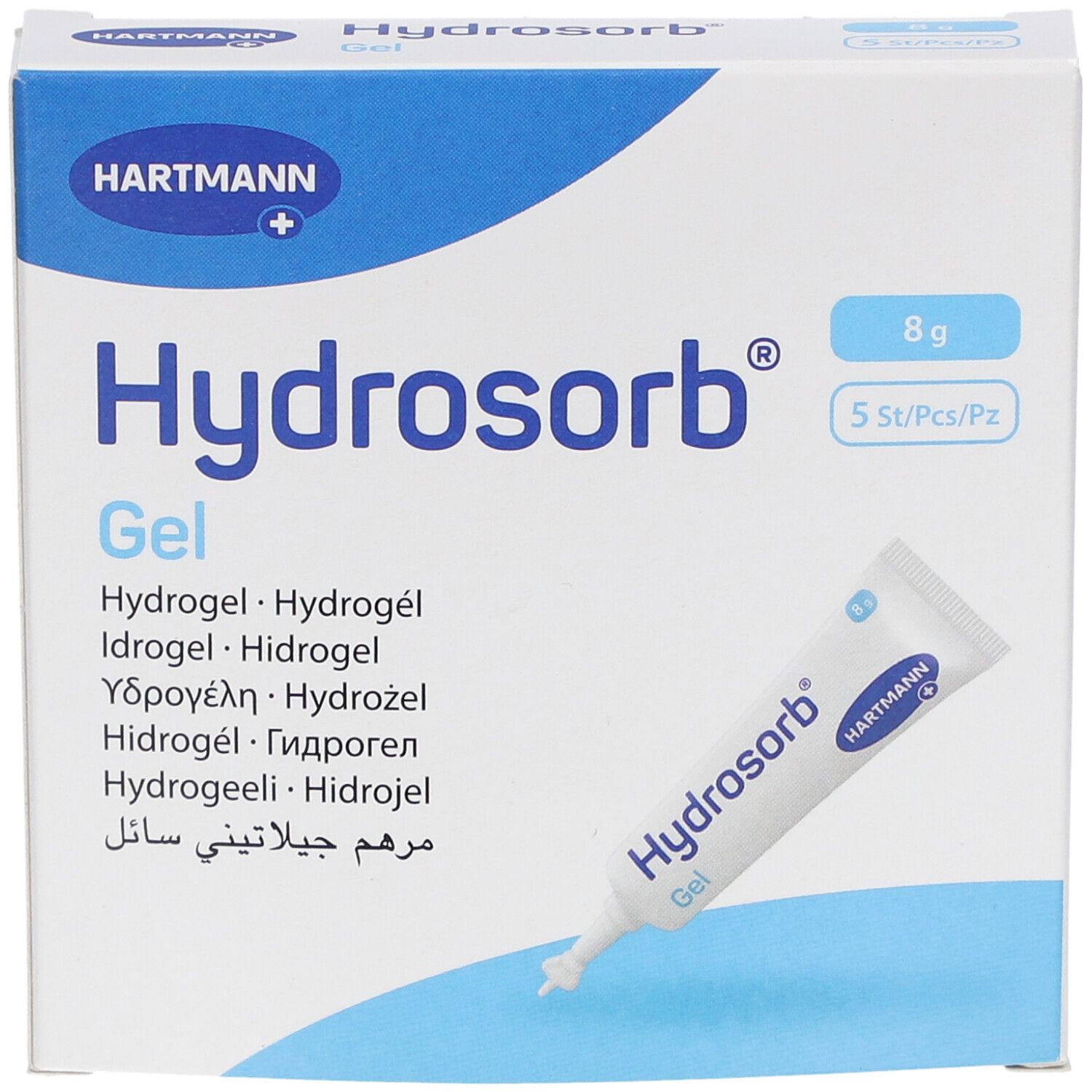 Verpackung mit HARTMANN® Hydrosorb® Gel. Enthält 5 Tuben à 8g. Produktname und Logo deutlich sichtbar.