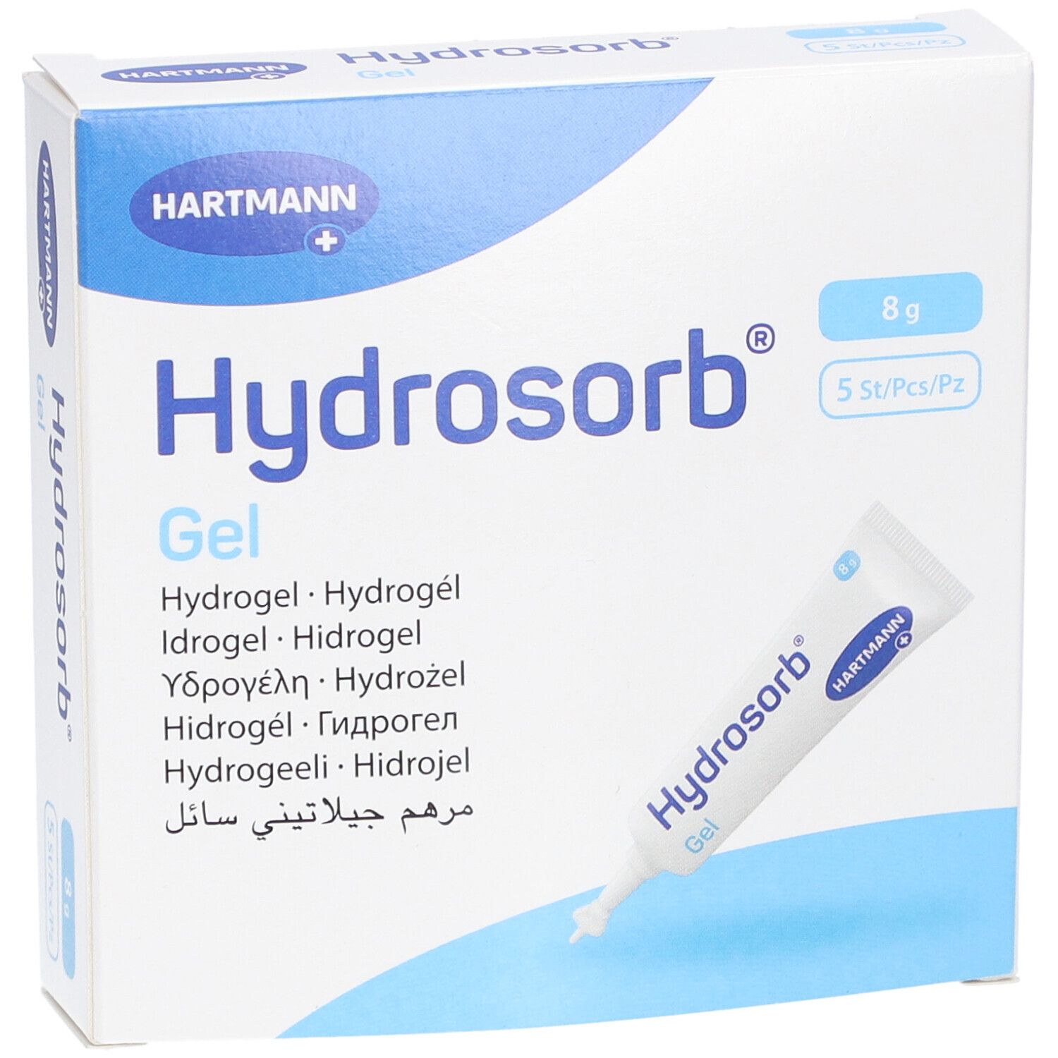 Verpackung mit HARTMANN® Hydrosorb® Gel. Enthält 5 Tuben à 8g. Produktname und Logo deutlich sichtbar.