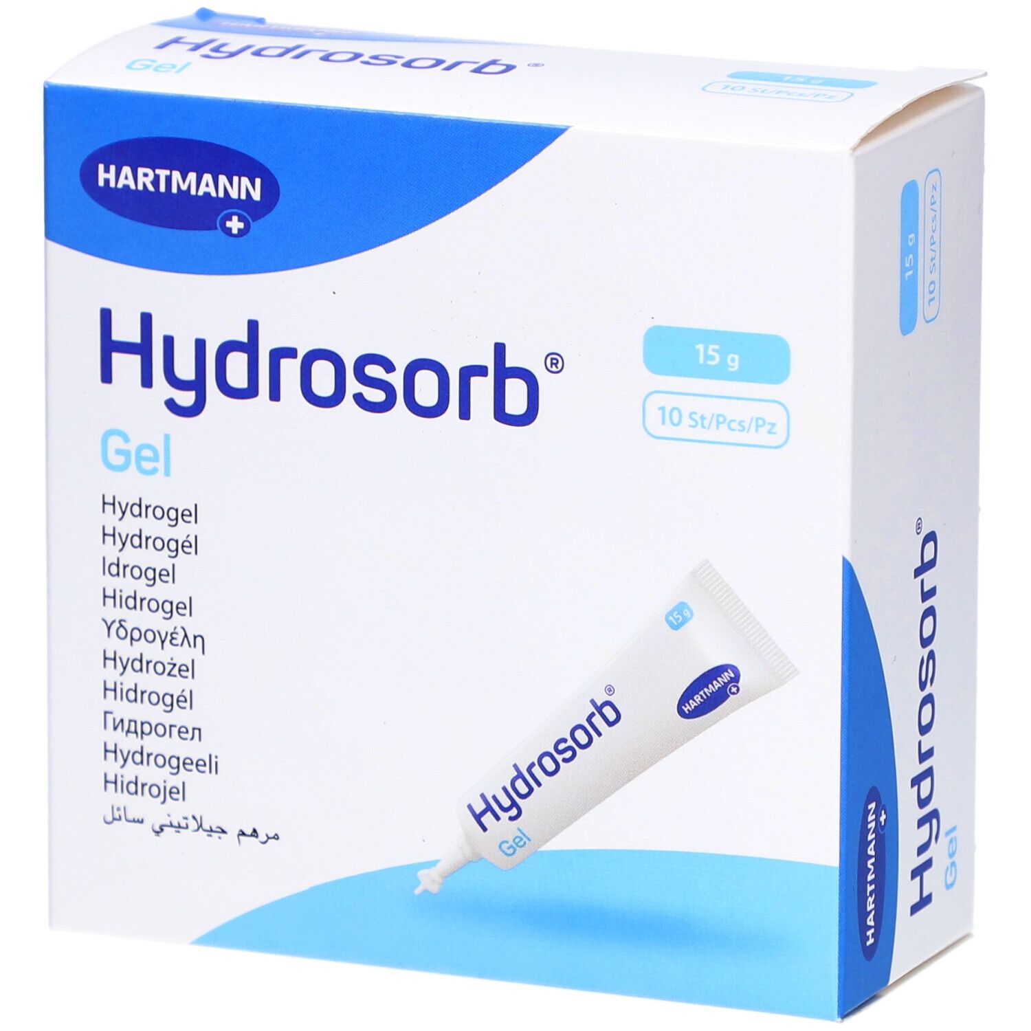 Verpackung mit Tube. Aufschrift: Hydrosorb Gel, Hartmann. 15 g, 10 Stück pro Packung. Mehrsprachige Produktbezeichnungen.