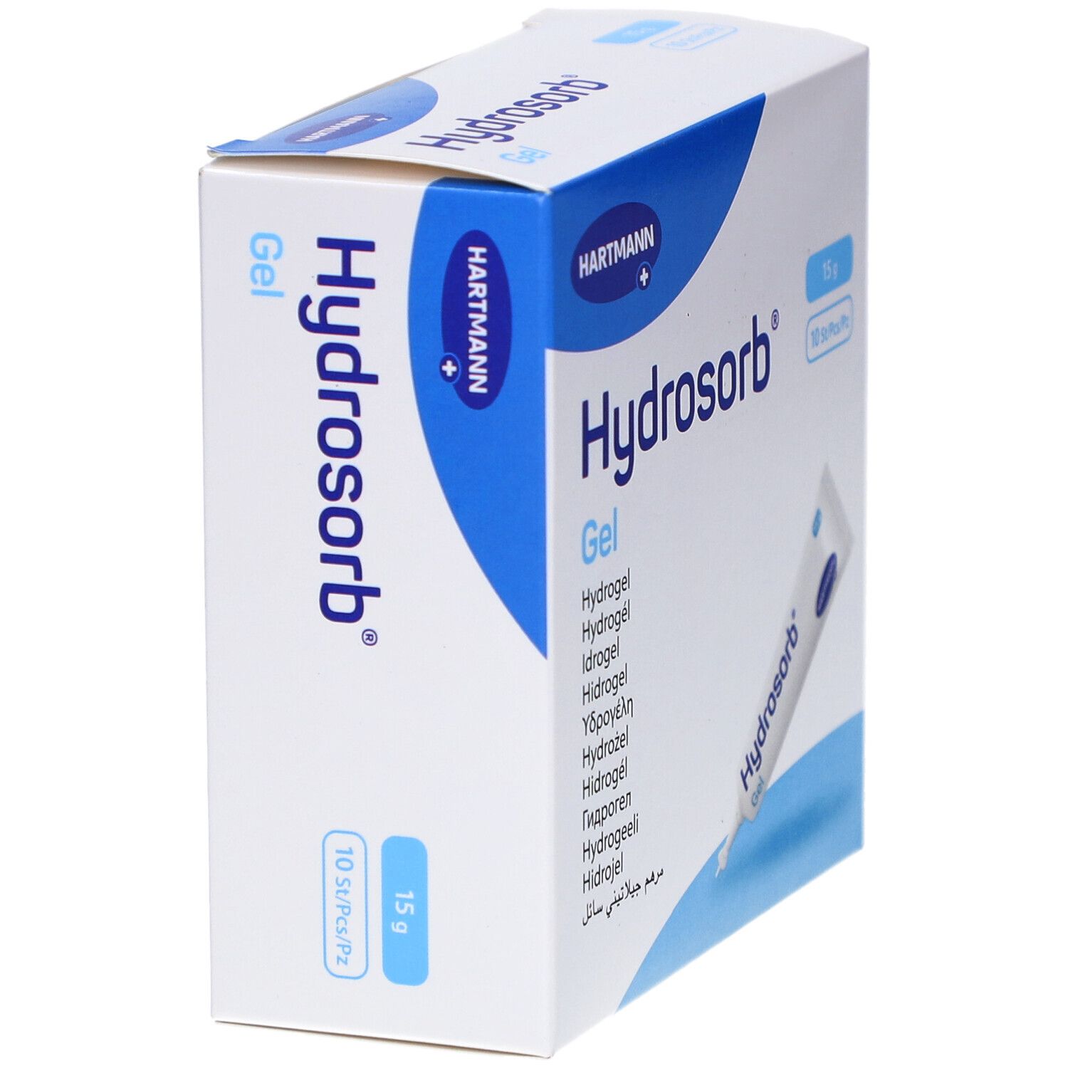 Weiße Verpackung mit blauem Akzent. Aufschrift: Hydrosorb Gel, Hartmann. 15 g, 10 Stück pro Packung. Produktbezeichnungen.