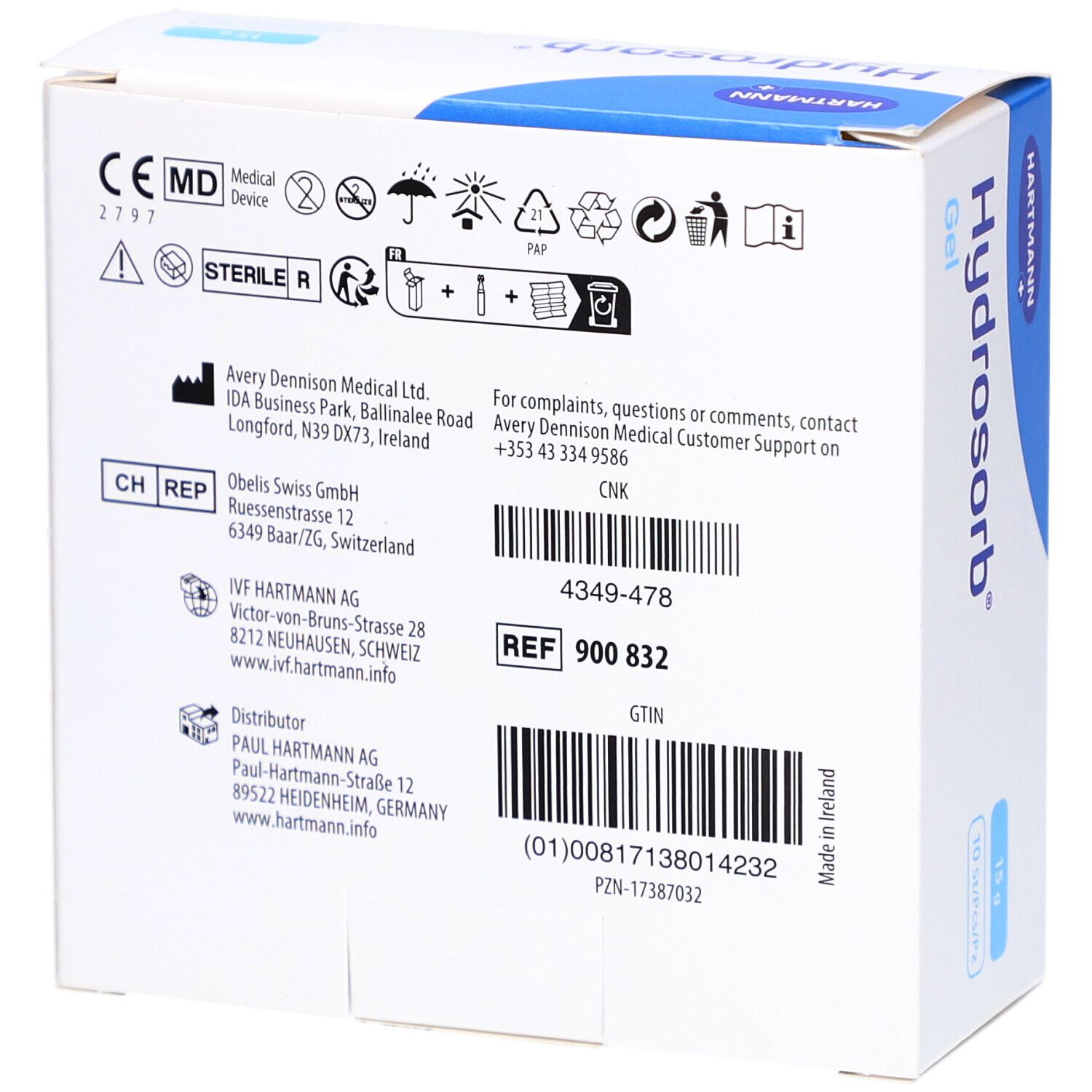 Rückseite der Verpackung. Informationen zu Hersteller, Vertrieb, Chargennummer, REF-Nummer, GTIN, PZN-Nummer und CE-Kennzeichnung.
