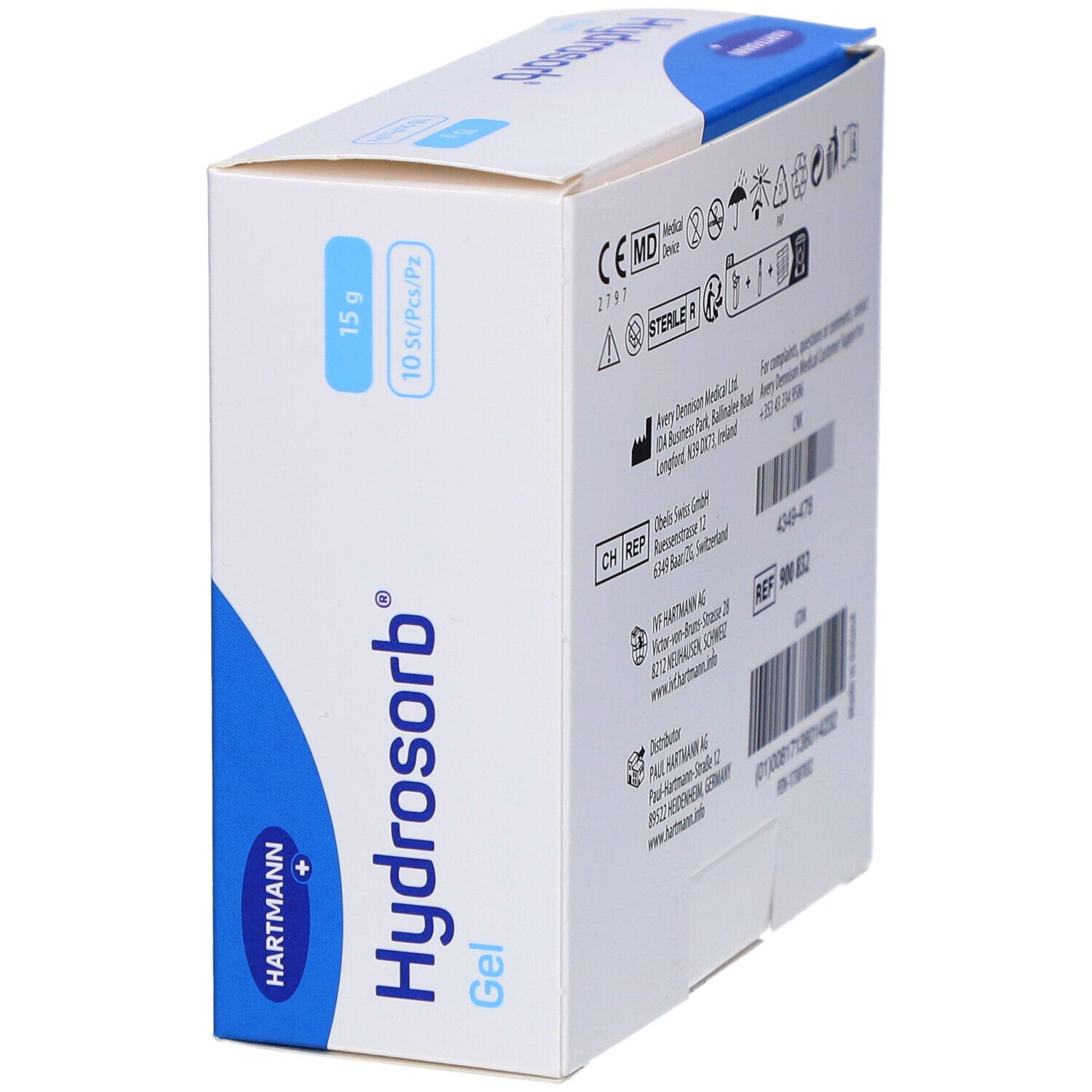 Verpackung mit blauem Akzent. Aufschrift: Hydrosorb Gel, Hartmann. 15 g, 10 Stück pro Packung. CE-Kennzeichnung.