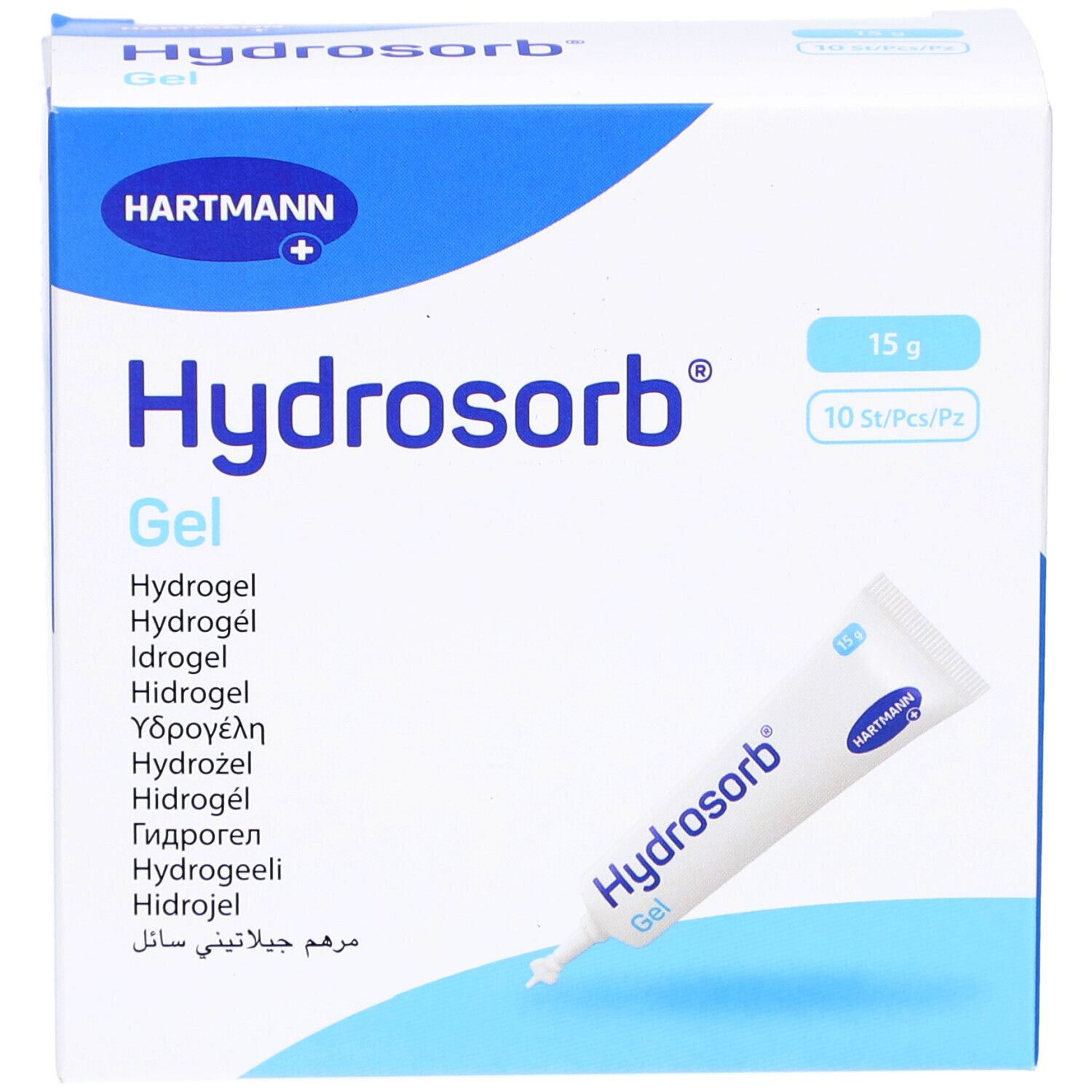Verpackung mit Tube. Aufschrift: Hydrosorb Gel, Hartmann. 15 g, 10 Stück pro Packung. Mehrsprachige Produktbezeichnungen.