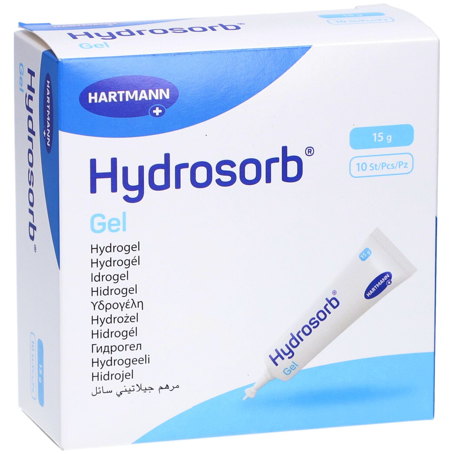 Verpackung mit Tube. Aufschrift: Hydrosorb Gel, Hartmann. 15 g, 10 Stück pro Packung. Mehrsprachige Produktbezeichnungen.