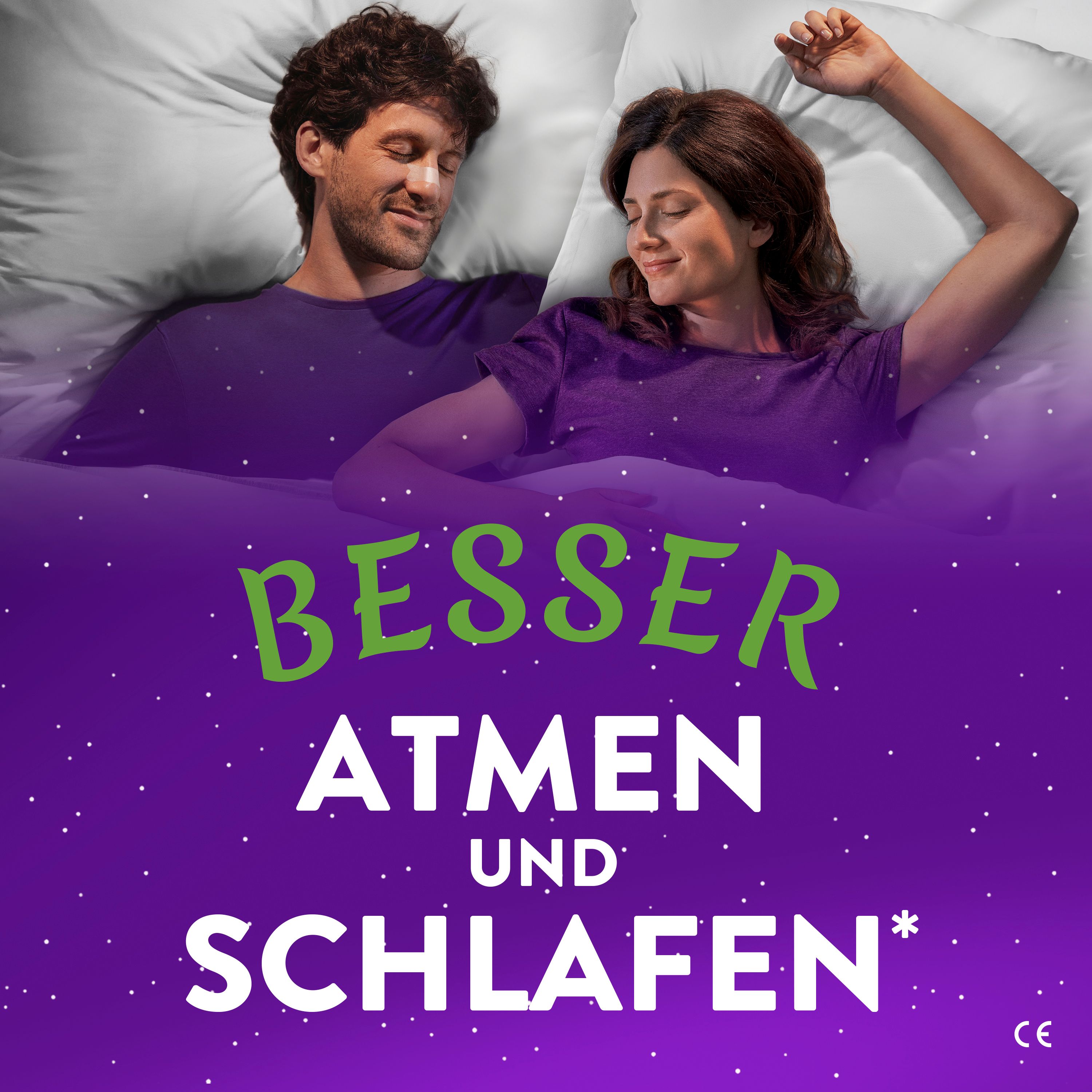Paar schläft im Bett. Text: Besser atmen und schlafen.