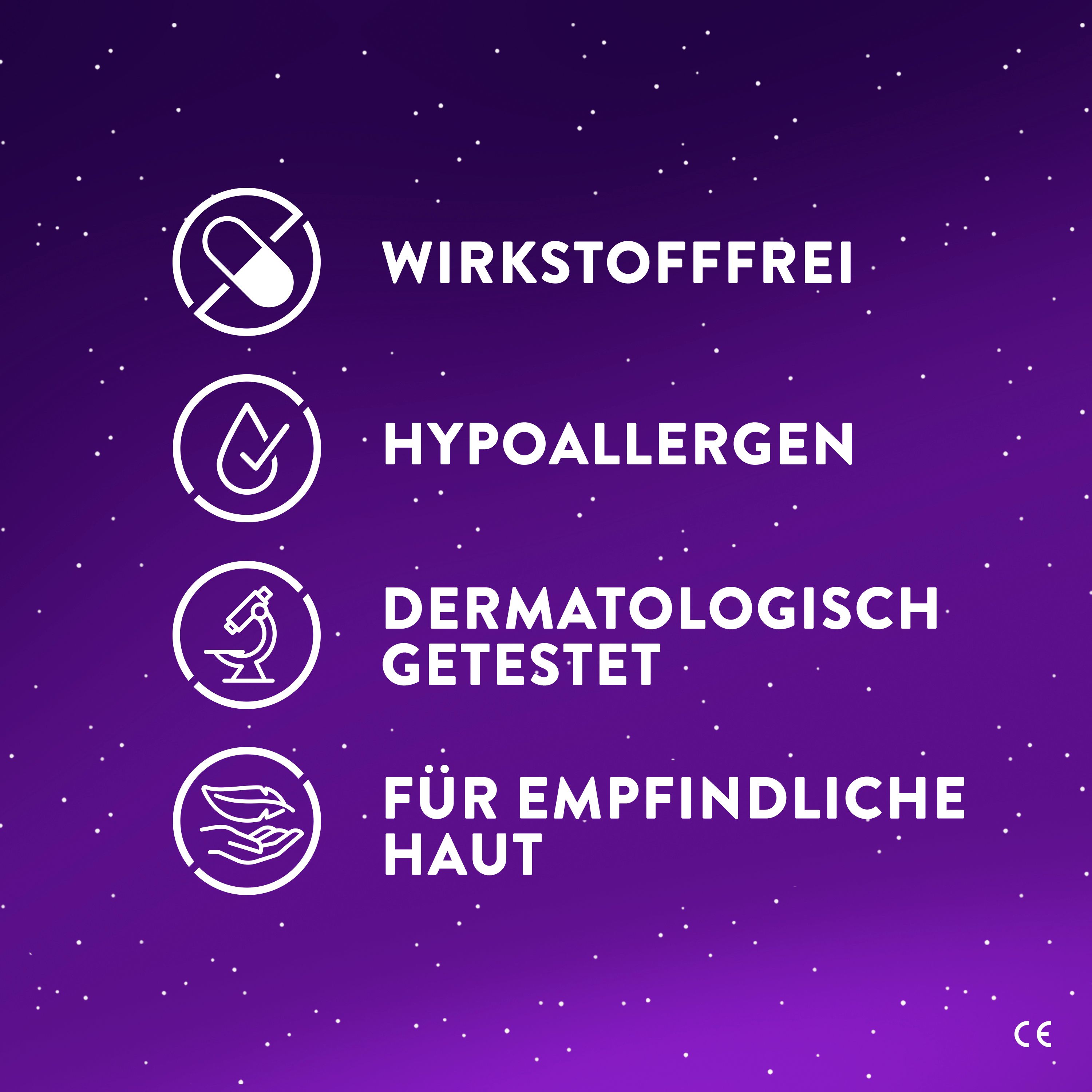 Icons: Wirkstofffrei, Hypoallergen, Dermatologisch getestet, Für empfindliche Haut.