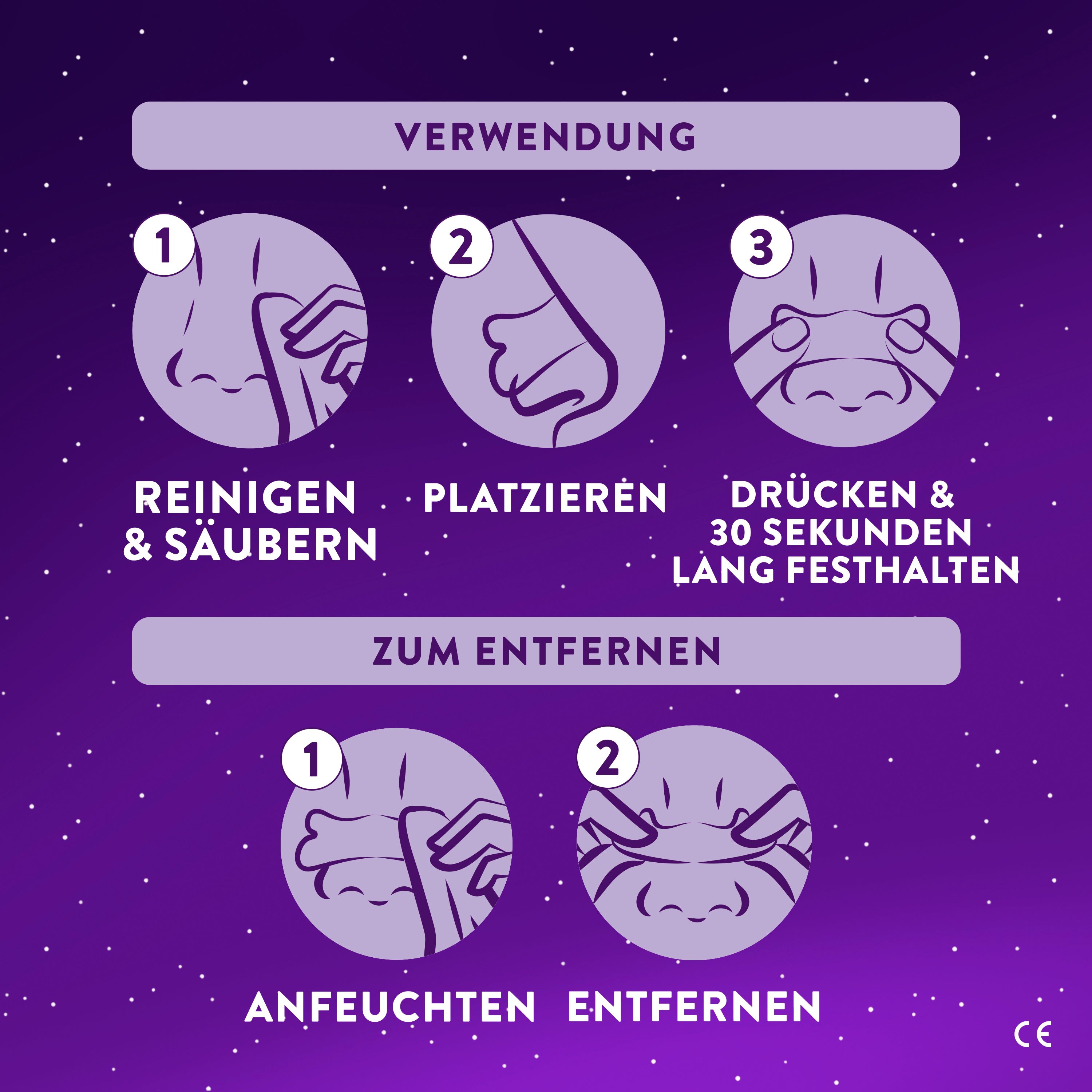 Anleitung zur Anwendung der Nasenstrips. Reinigen, platzieren, drücken, anfeuchten, entfernen.