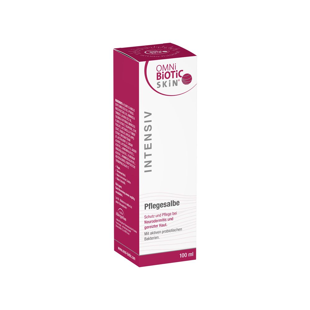 OMNi-BiOTiC SKiN® Intensiv-Pflegesalbe in einer rechteckigen Verpackung. Weiß, mit roter Schrift. Enthält 100 ml.