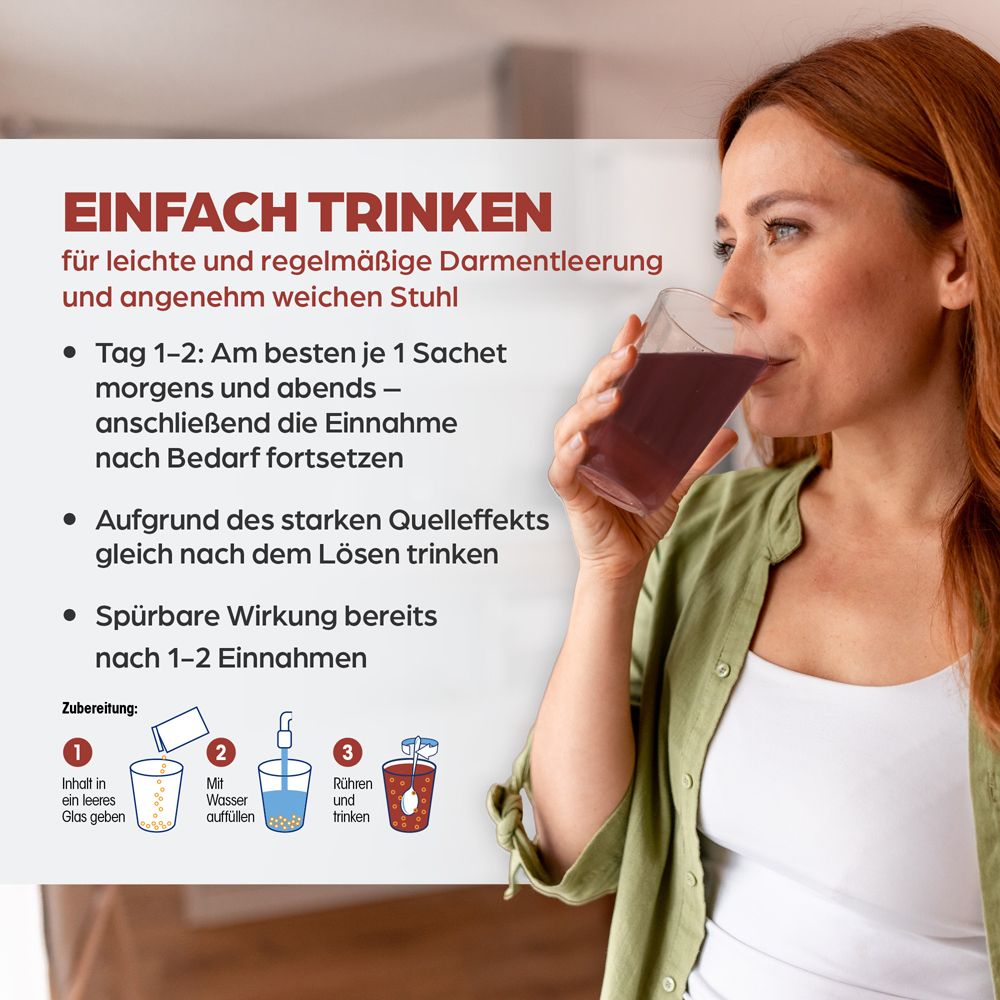 Frau trinkt aus Glas. Text: Einfach trinken. Für leichte und regelmäßige Darmentleerung. Zubereitungsschritte.