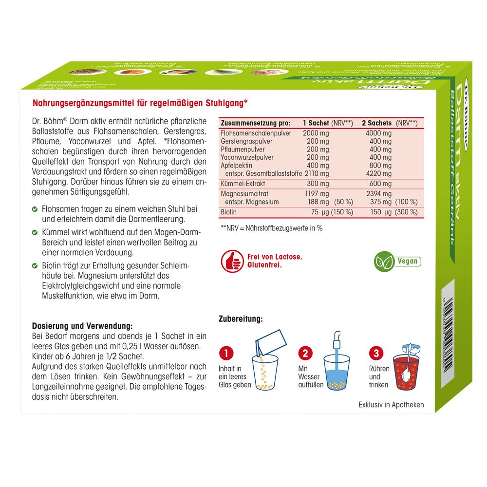 Rückseite der Verpackung Dr. Böhm Darm aktiv. Nährwertangaben, Dosierung, Zubereitung. Frei von Laktose, Gluten, Hefe.